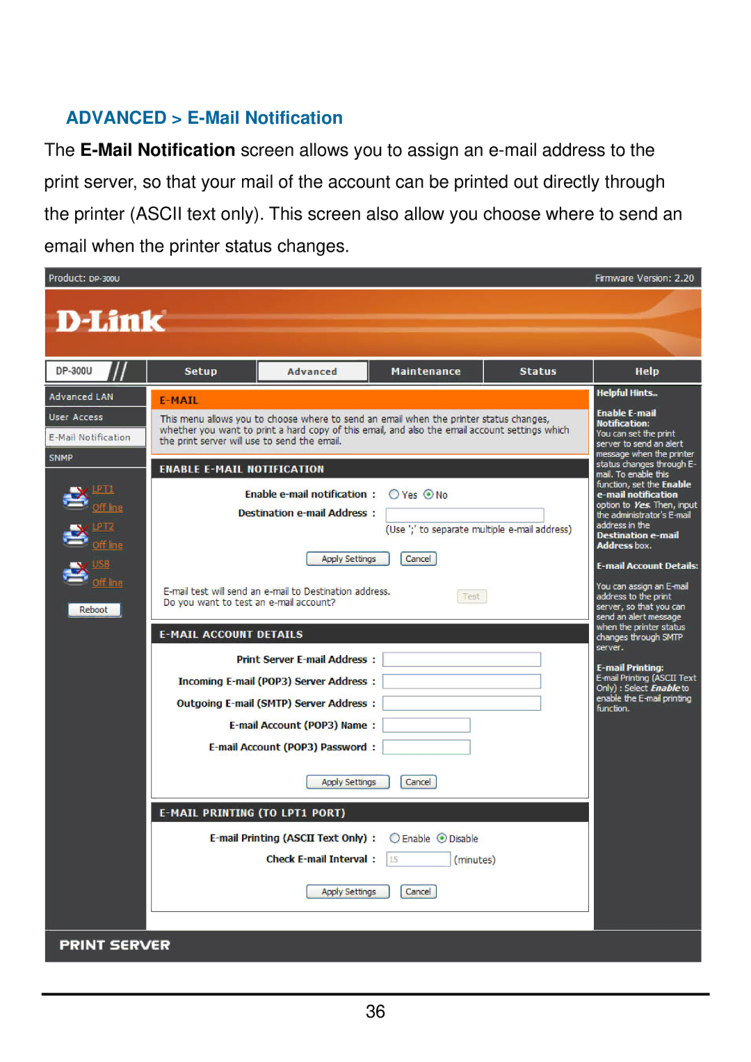 D-Link DP-300U manual Advanced E-Mail Notification 