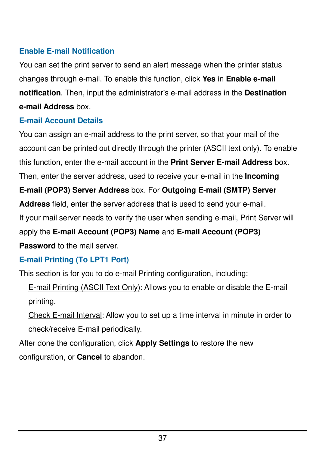 D-Link DP-300U manual Enable E-mail Notification, Mail Account Details, Mail Printing To LPT1 Port 