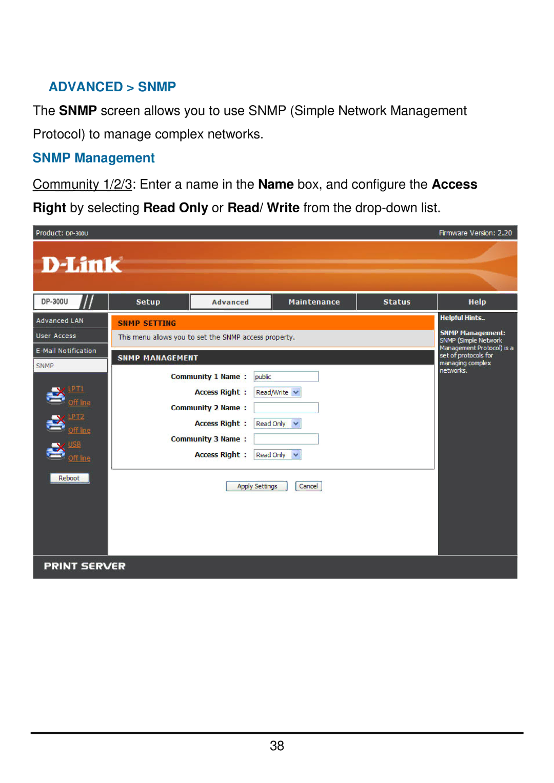 D-Link DP-300U manual Advanced Snmp, Snmp Management 