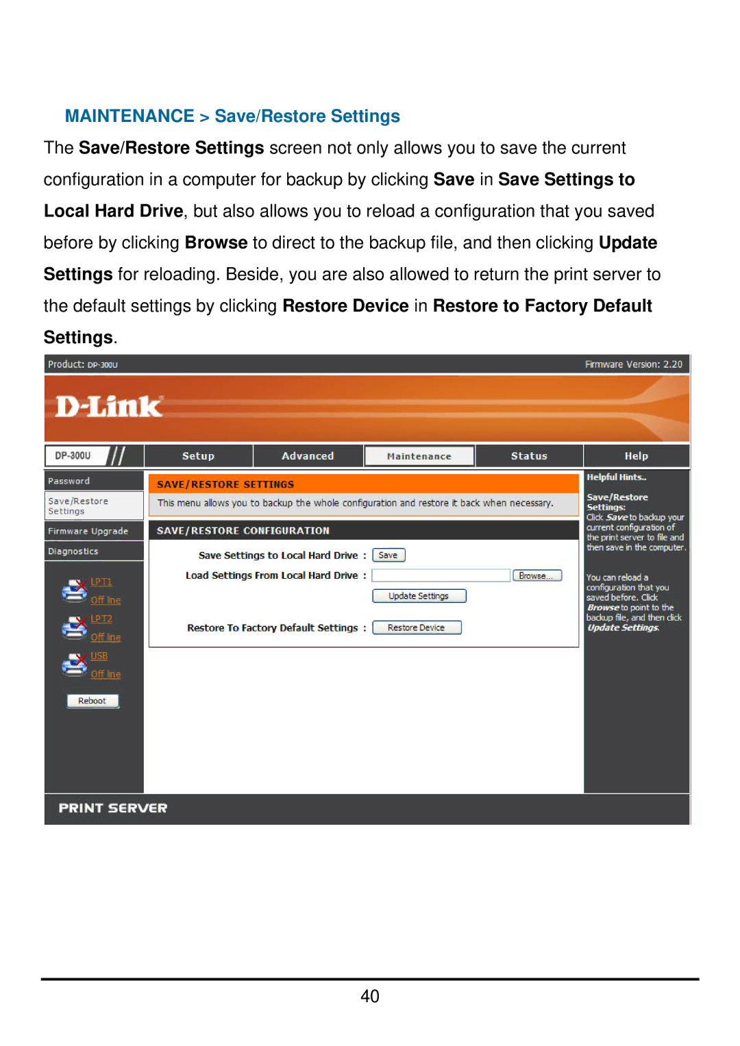 D-Link DP-300U manual Maintenance Save/Restore Settings 