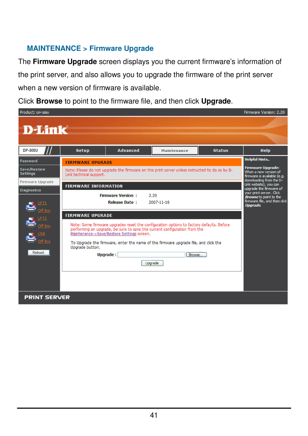 D-Link DP-300U manual Maintenance Firmware Upgrade 