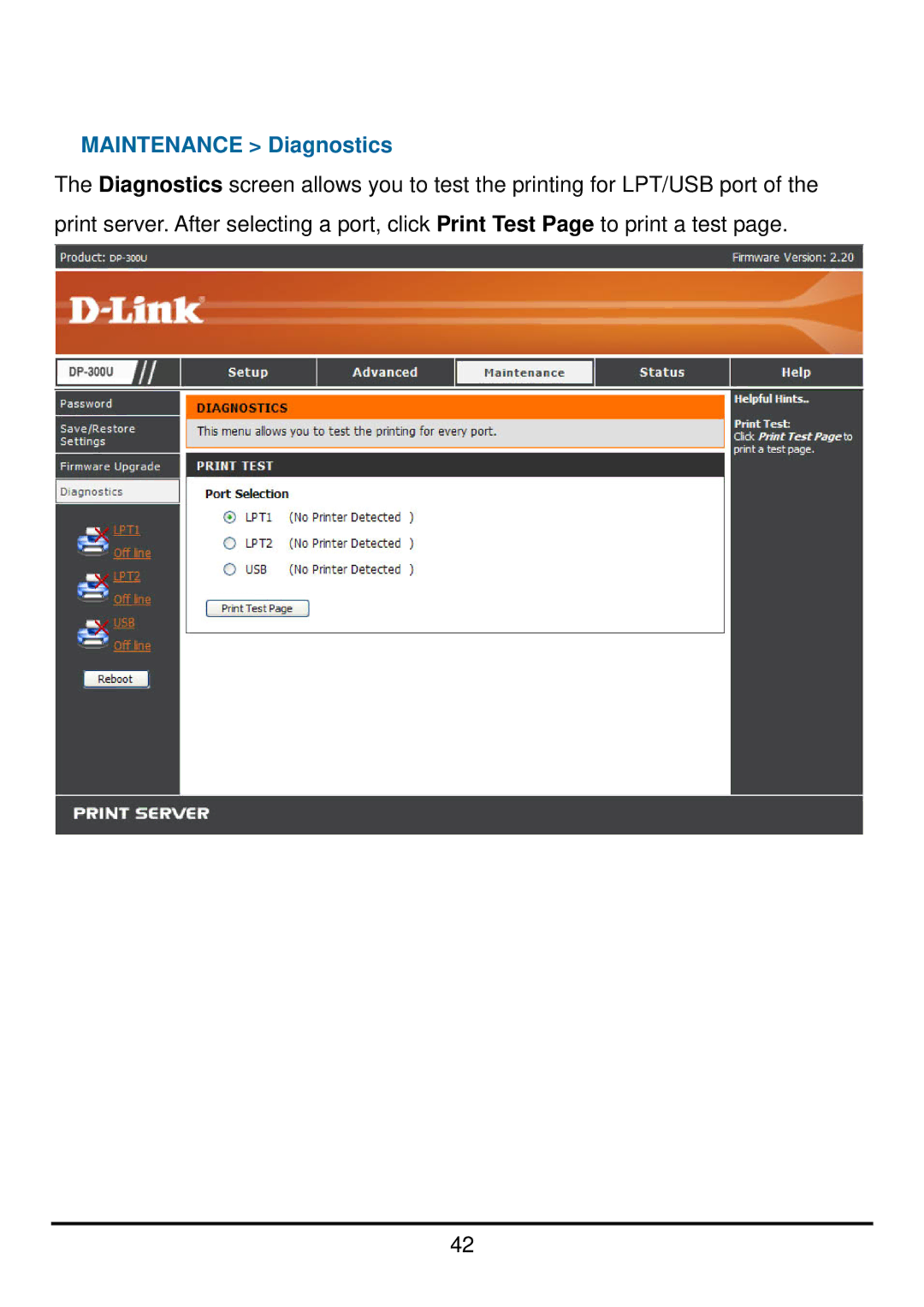 D-Link DP-300U manual Maintenance Diagnostics 