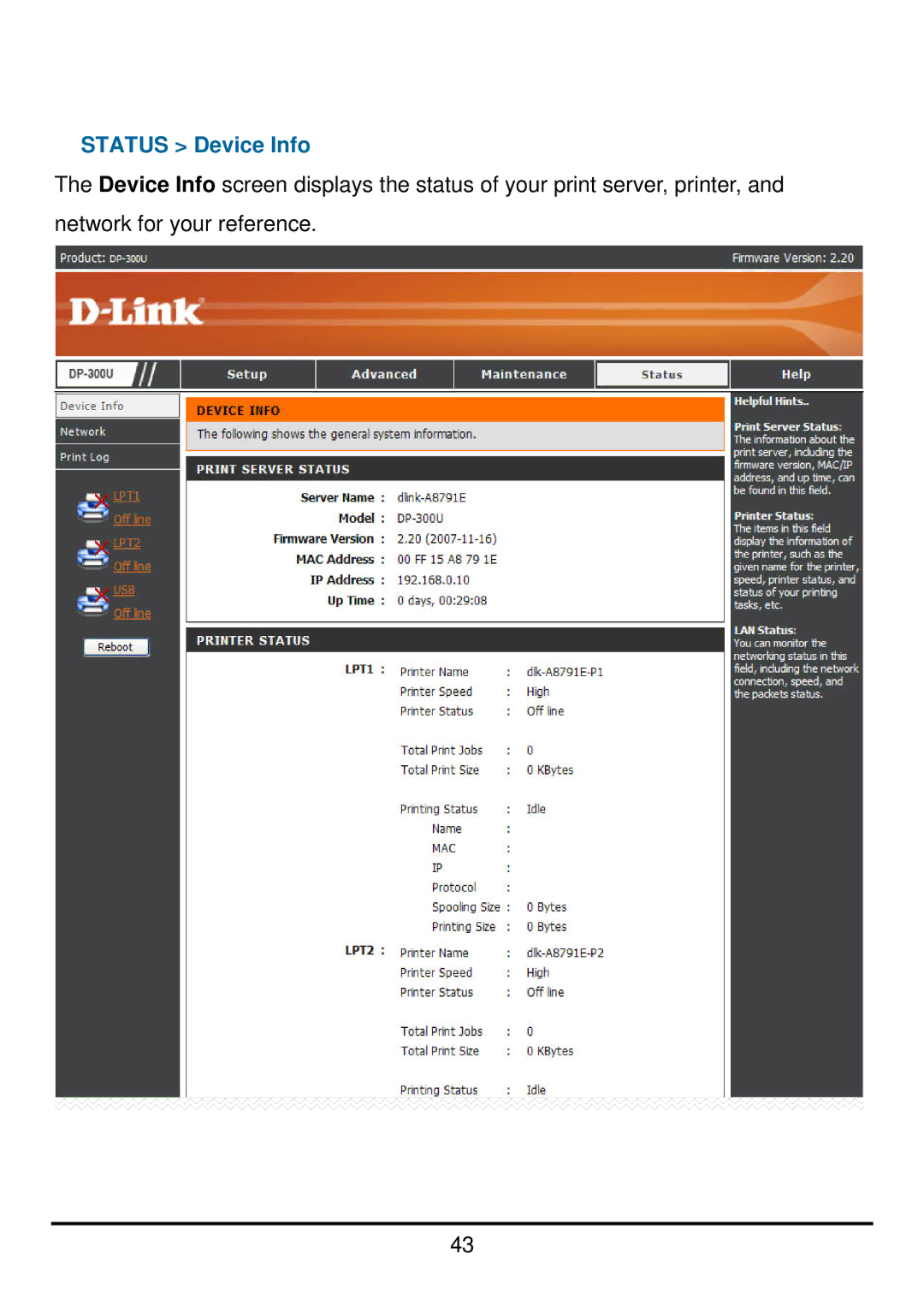 D-Link DP-300U manual Status Device Info 