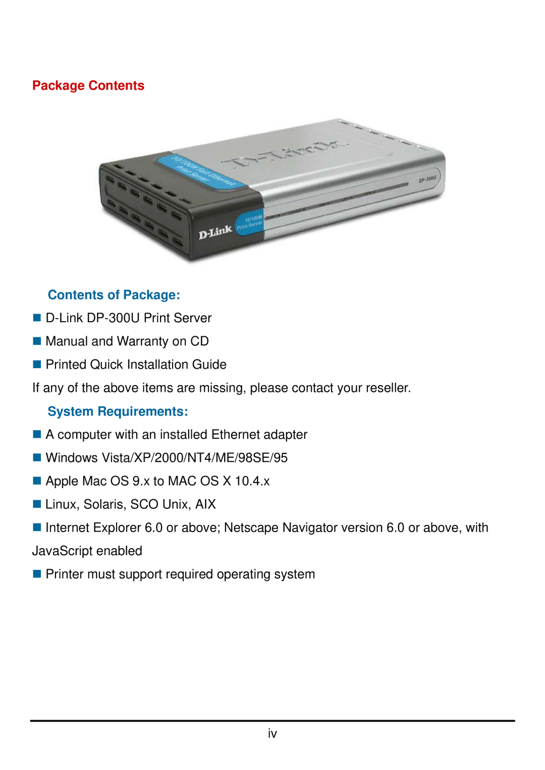 D-Link DP-300U manual Package Contents 