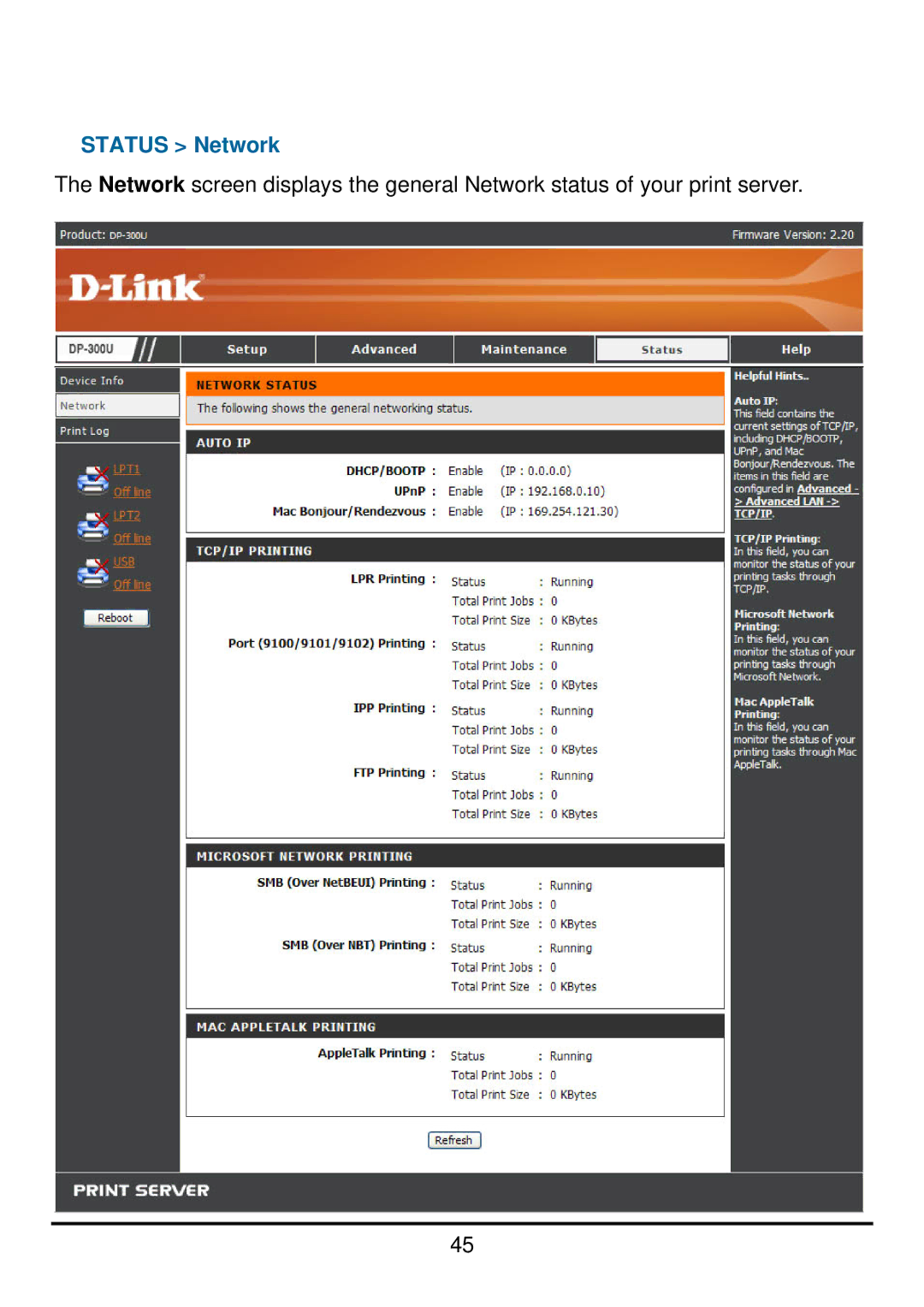 D-Link DP-300U manual Status Network 