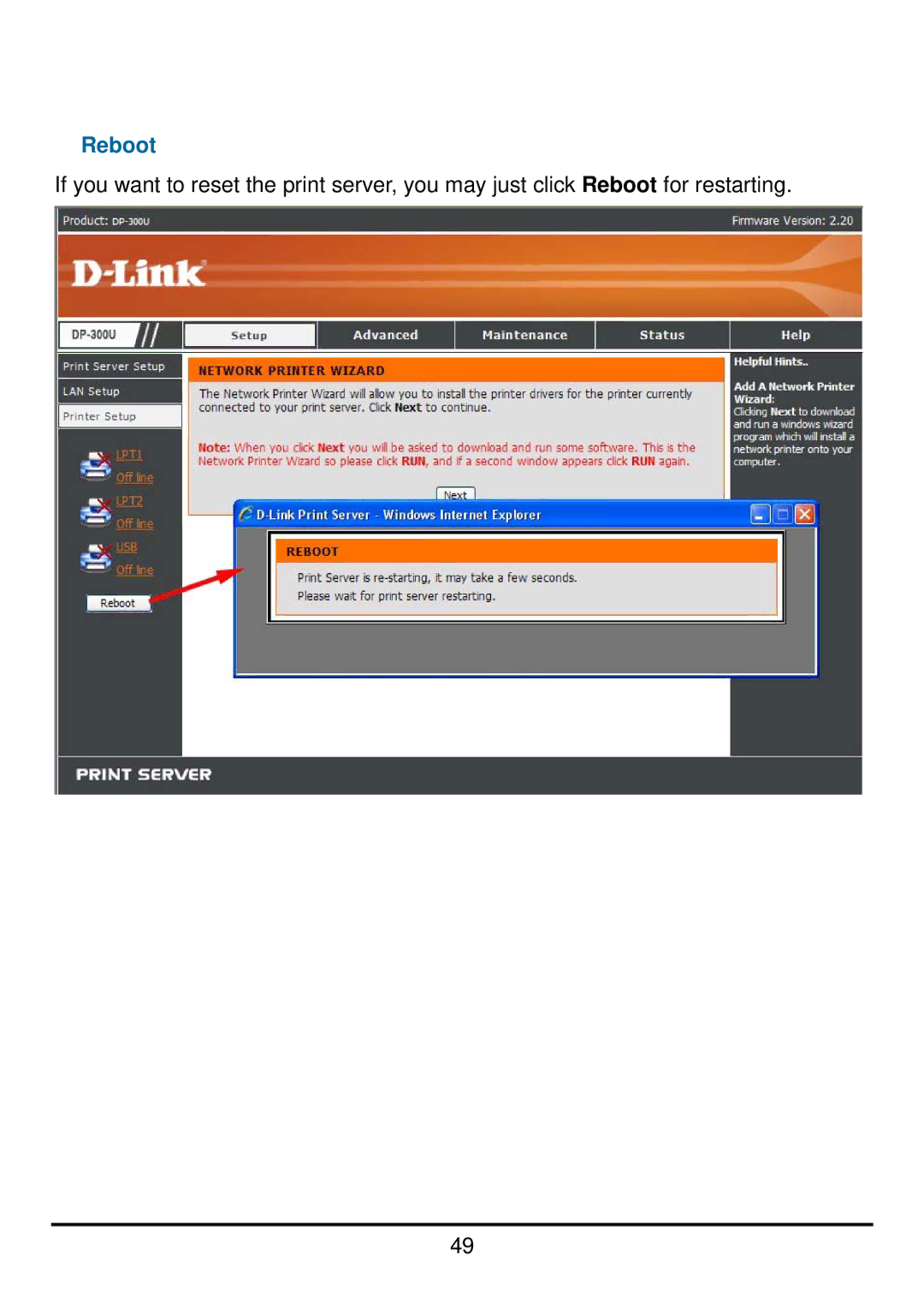 D-Link DP-300U manual Reboot 