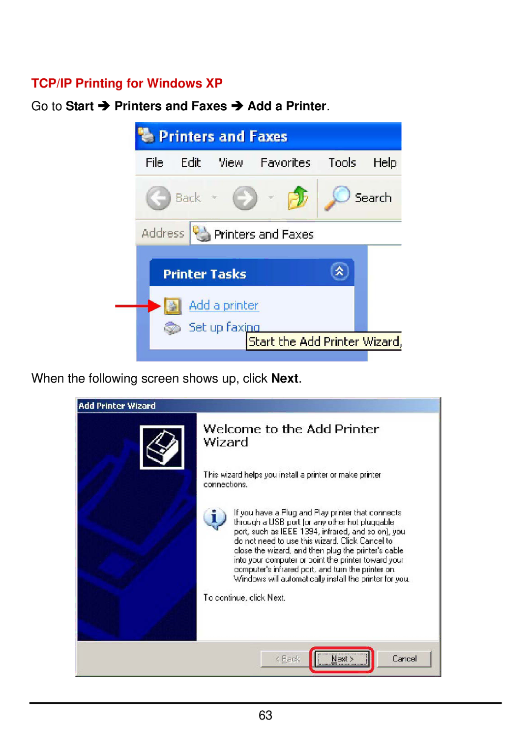 D-Link DP-300U manual TCP/IP Printing for Windows XP, Go to Start Î Printers and Faxes Î Add a Printer 