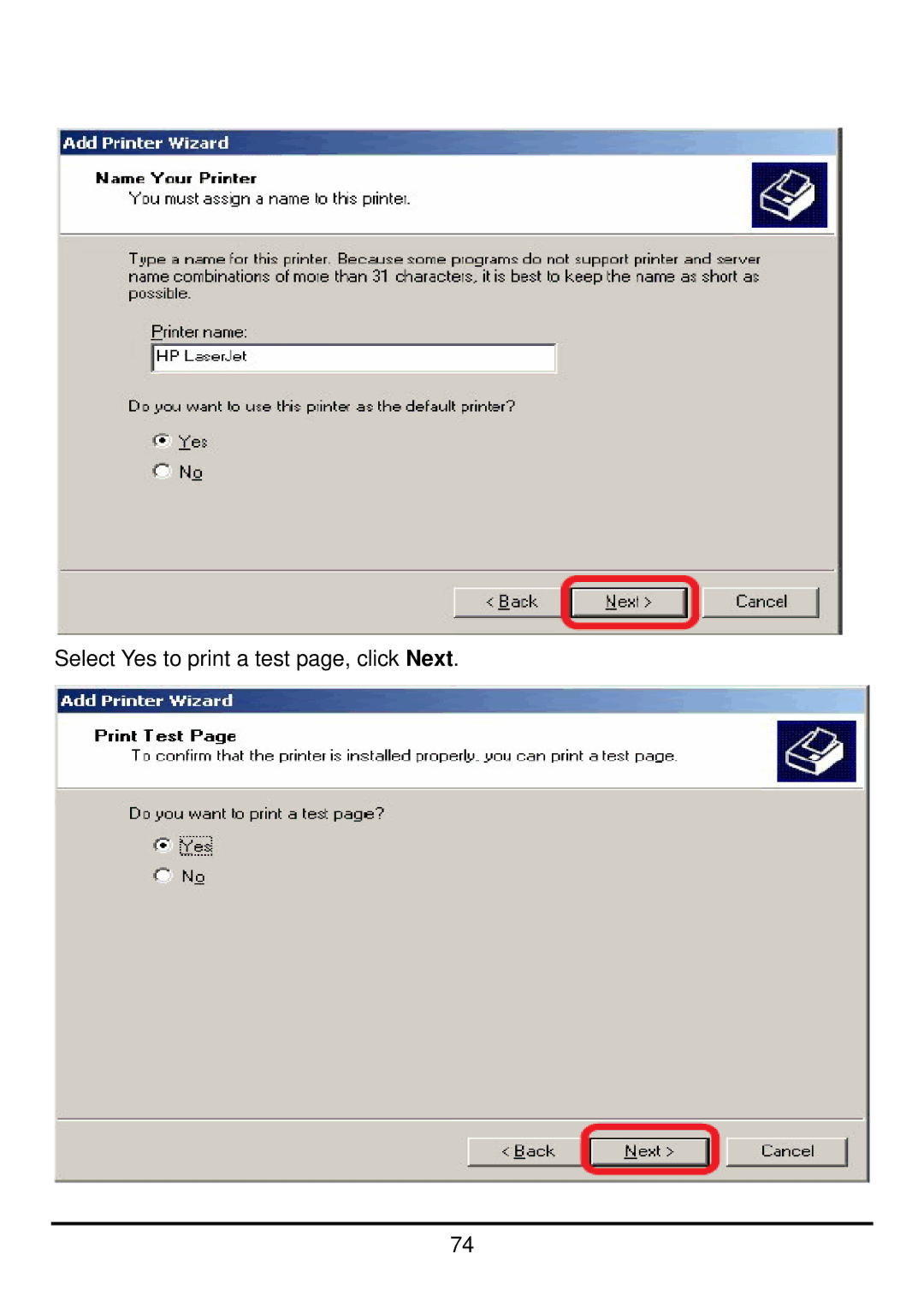 D-Link DP-300U manual Select Yes to print a test page, click Next 