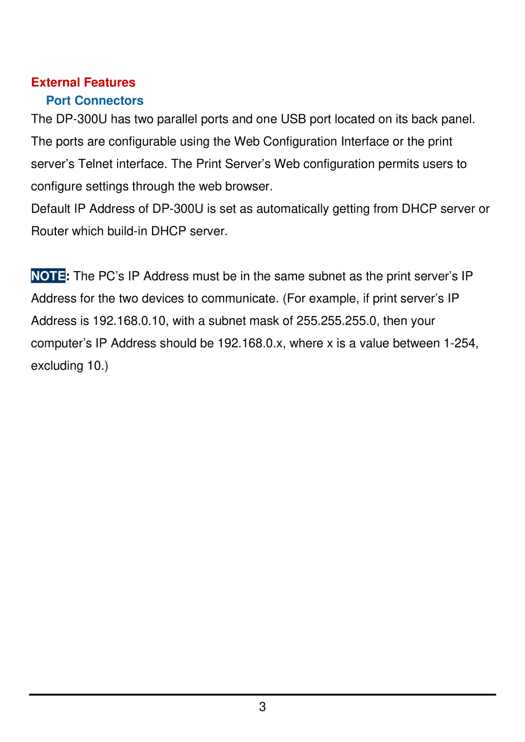 D-Link DP-300U manual External Features, Port Connectors 