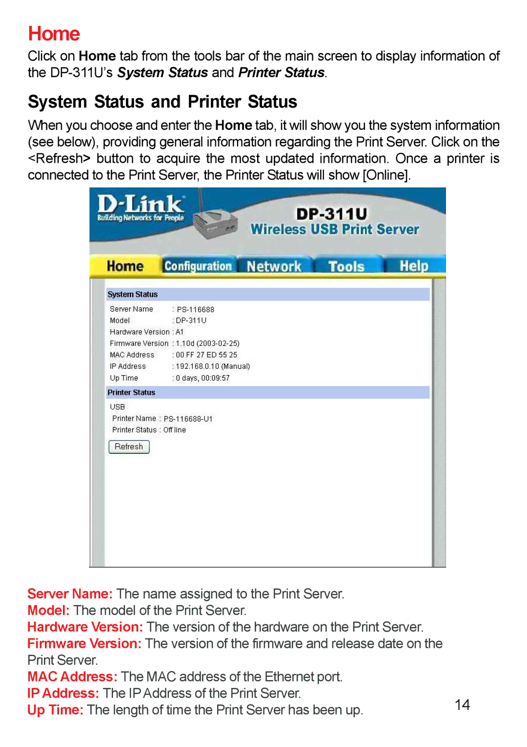 D-Link DP-311u manual Home 