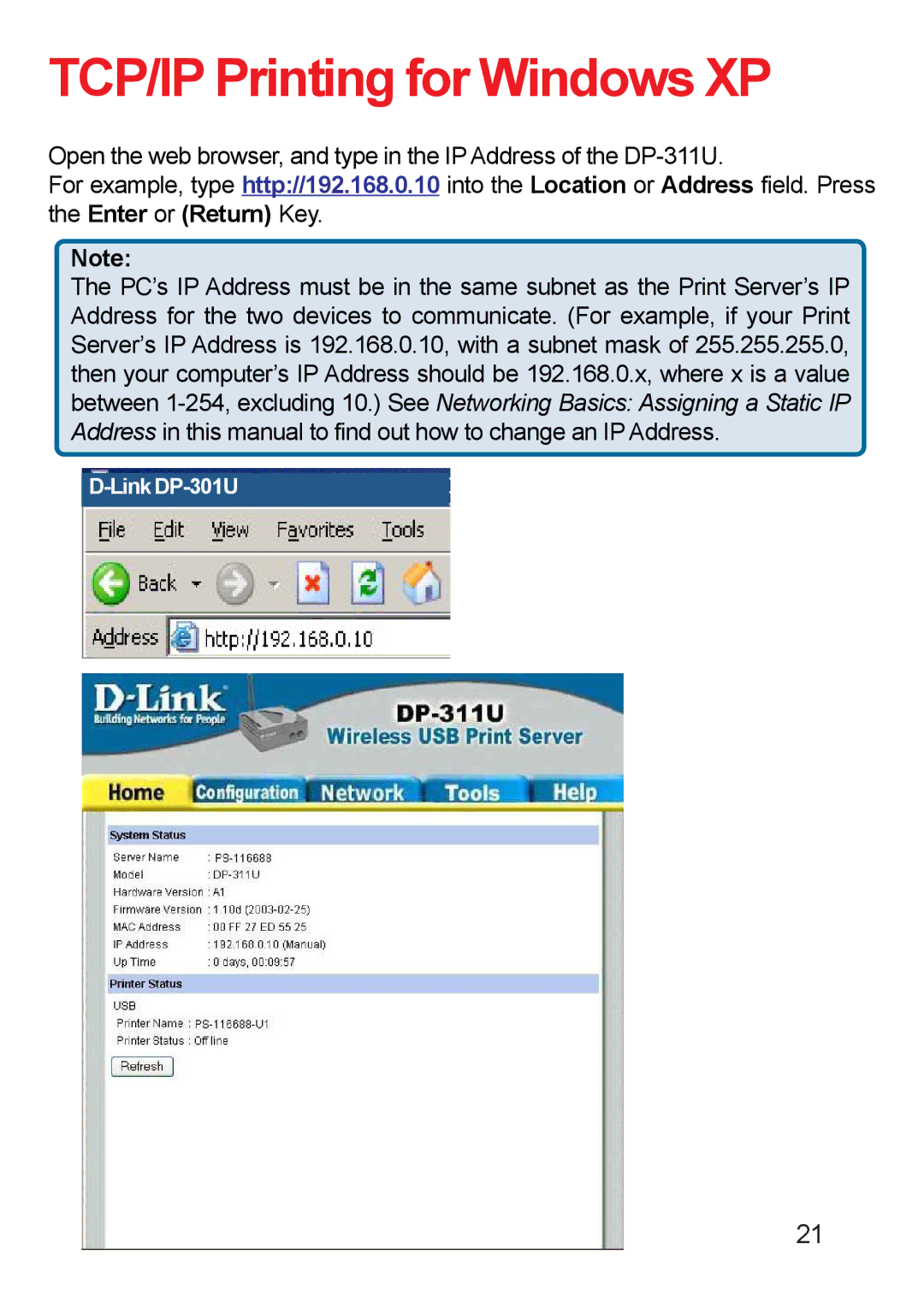 D-Link DP-311u manual TCP/IP Printing for Windows XP 