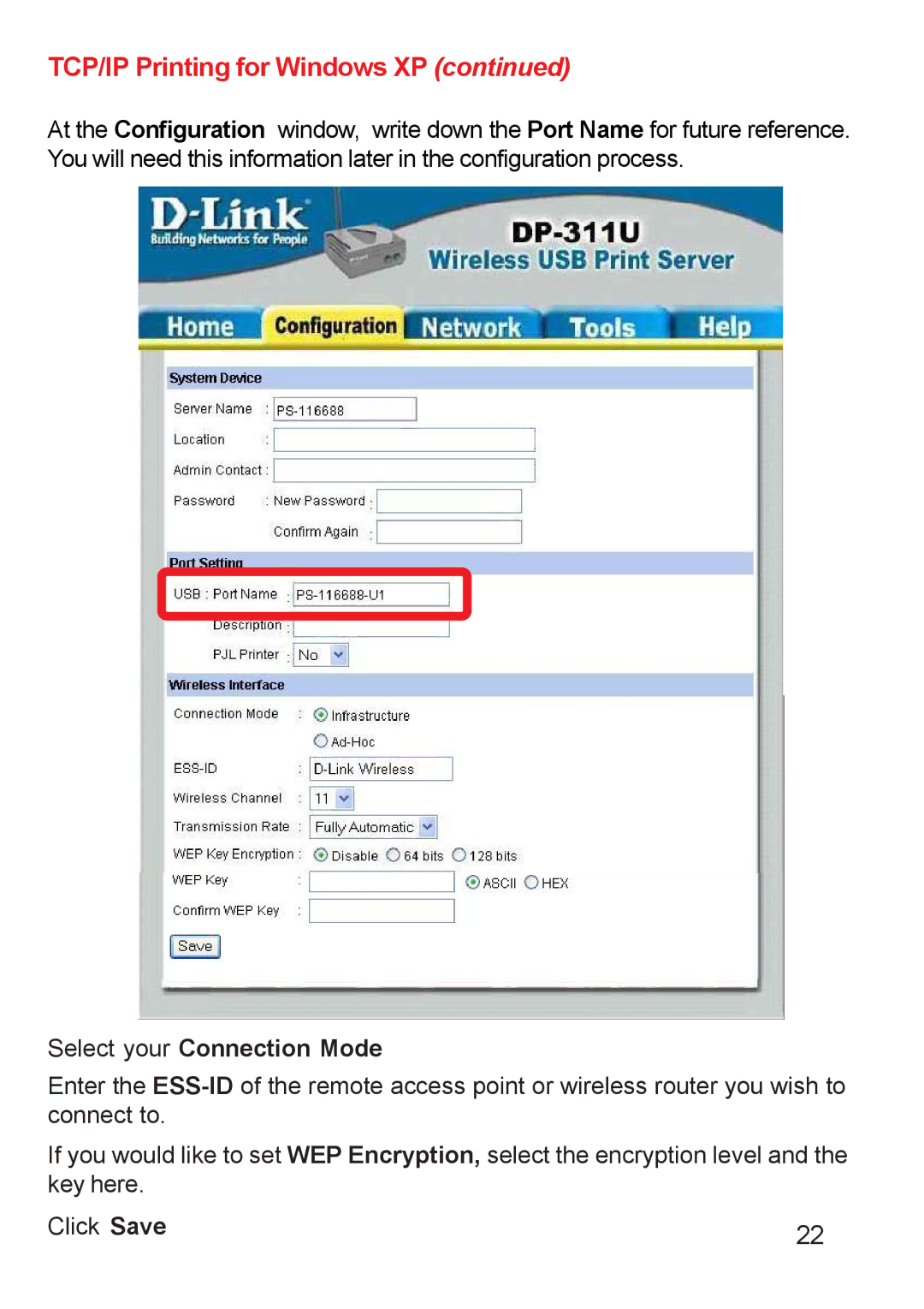 D-Link DP-311u manual TCP/IP Printing for Windows XP, Select your Connection Mode 