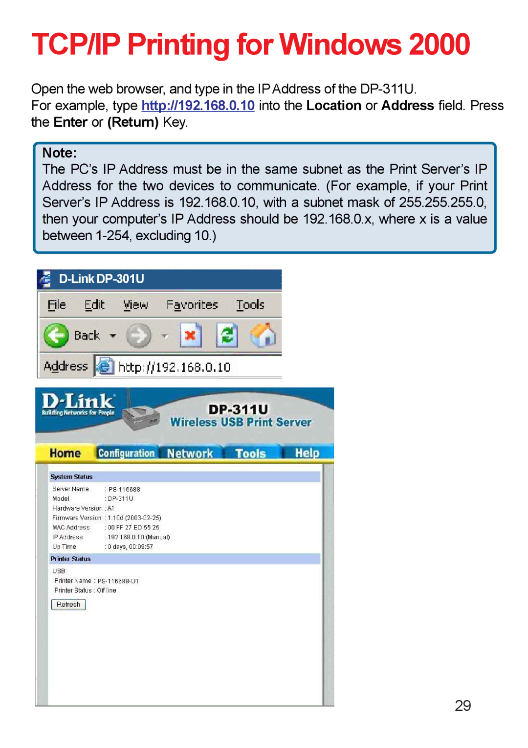 D-Link DP-311u manual TCP/IP Printing for Windows 