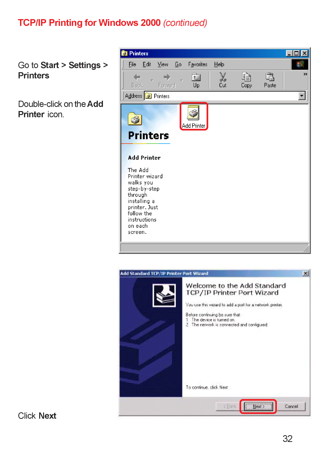 D-Link DP-311u manual Go to Start Settings Printers, Printer icon 