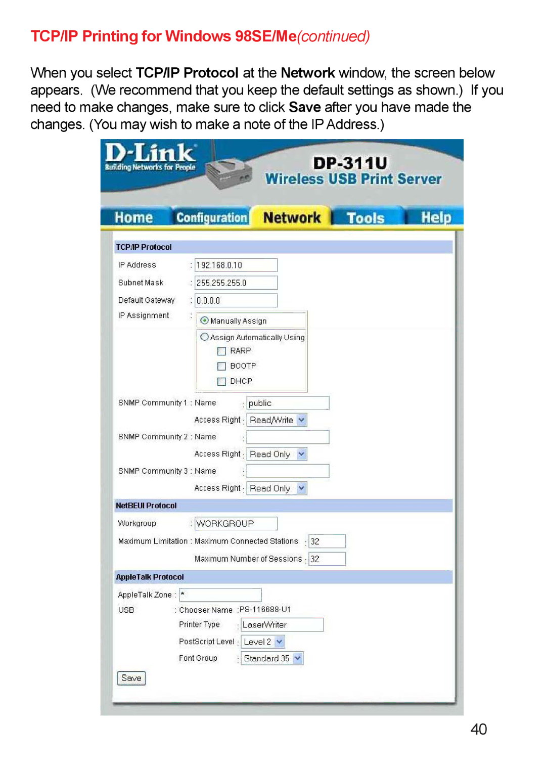 D-Link DP-311u manual TCP/IP Printing for Windows 98SE/Me 