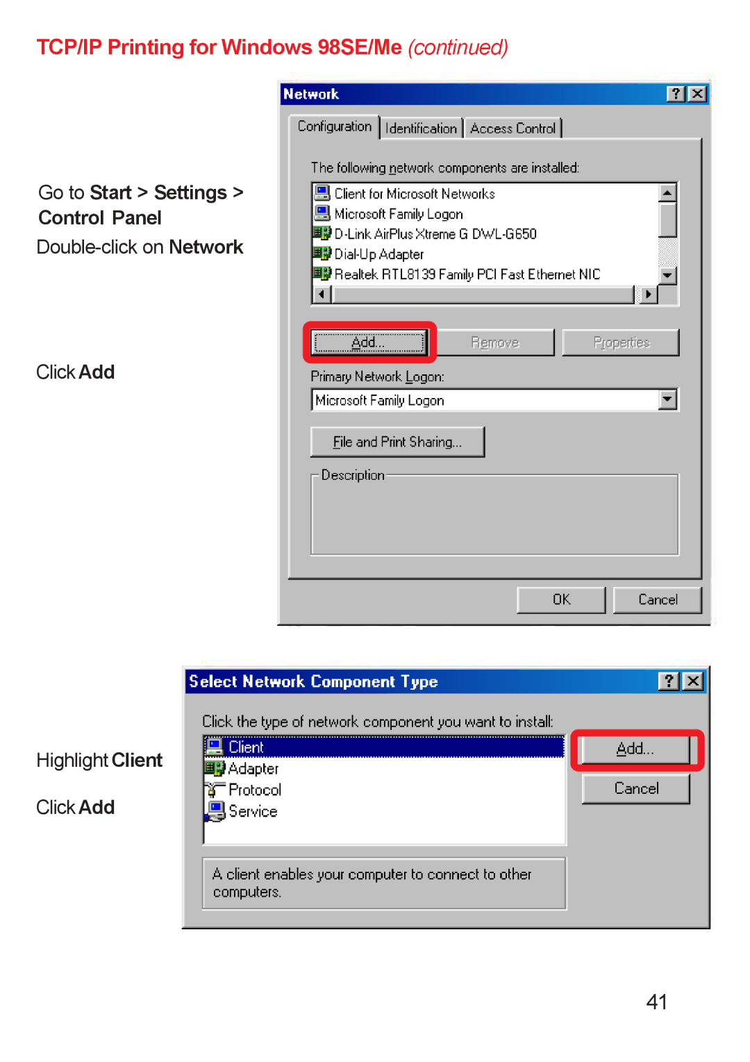 D-Link DP-311u manual Go to Start Settings Control Panel 