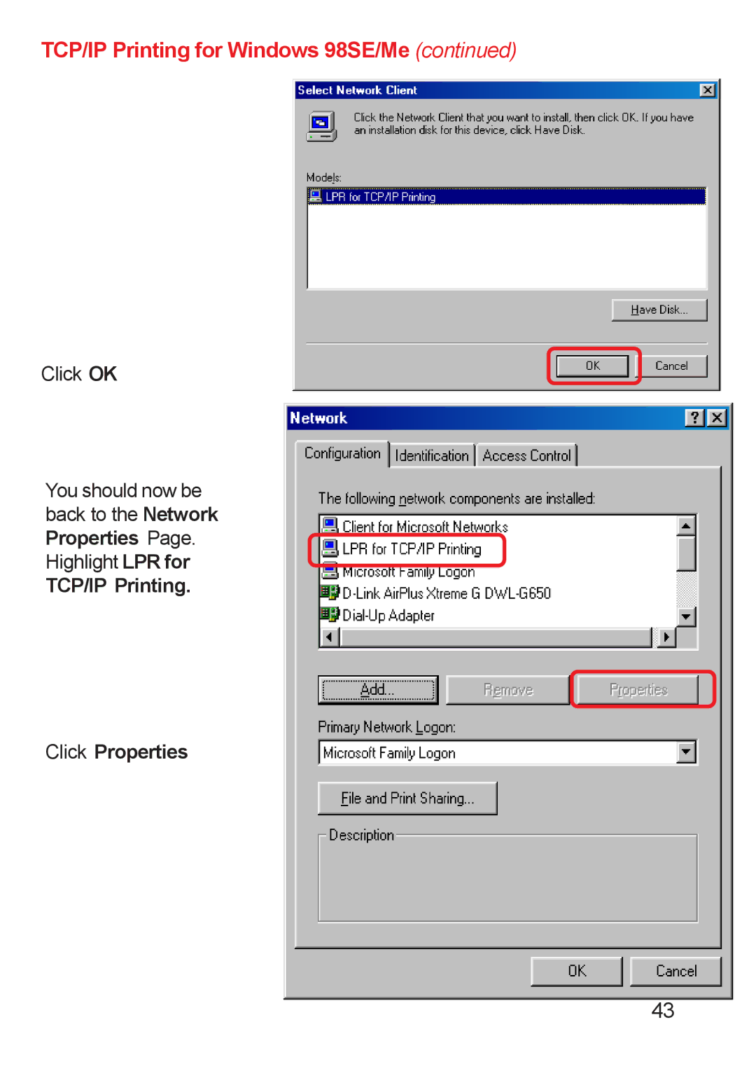 D-Link DP-311u manual TCP/IP Printing Click Properties 