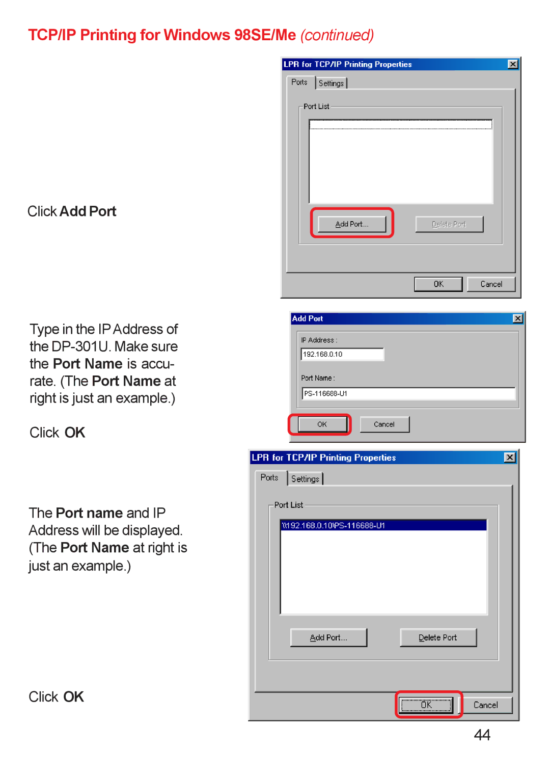 D-Link DP-311u manual Click Add Port 