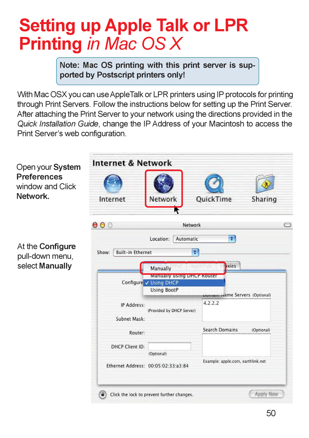 D-Link DP-311u manual Setting up Apple Talk or LPR Printing in Mac OS, Preferences, Network 