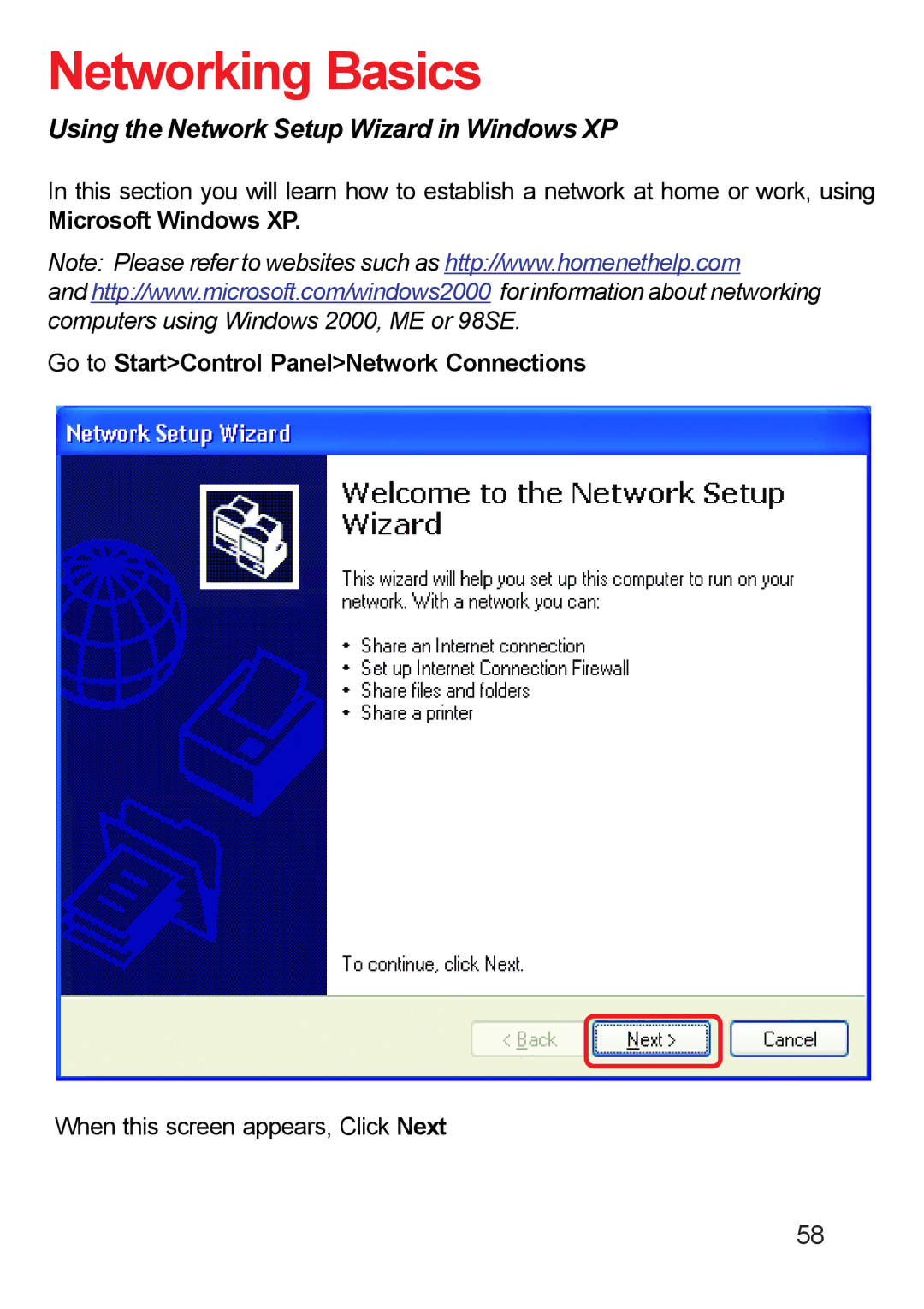 D-Link DP-311u manual Networking Basics, Using the Network Setup Wizard in Windows XP 