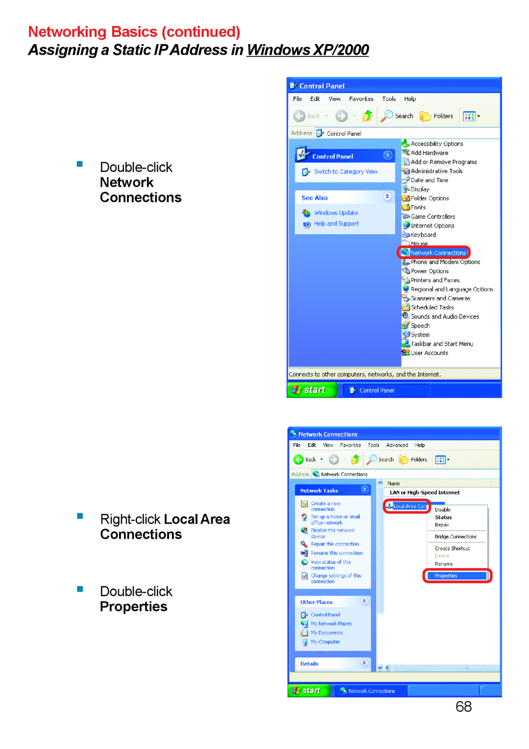 D-Link DP-311u manual Network Connections, Properties 