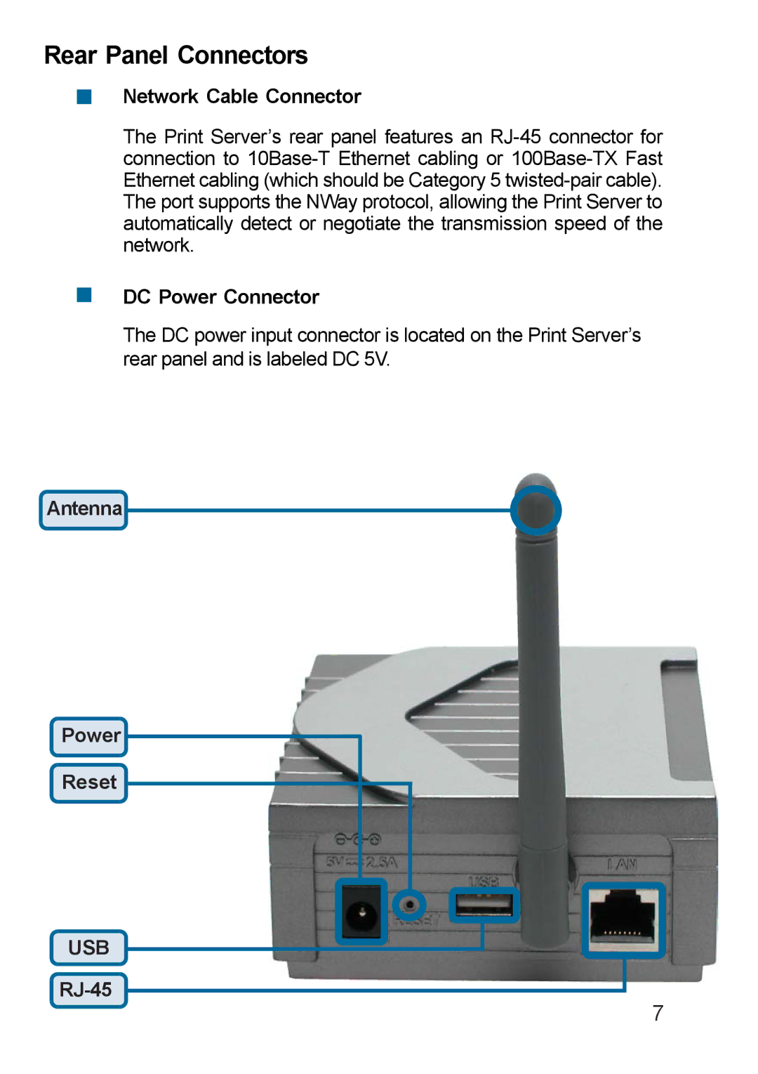 D-Link DP-311u manual Network Cable Connector, DC Power Connector, Antenna Power Reset, RJ-45 