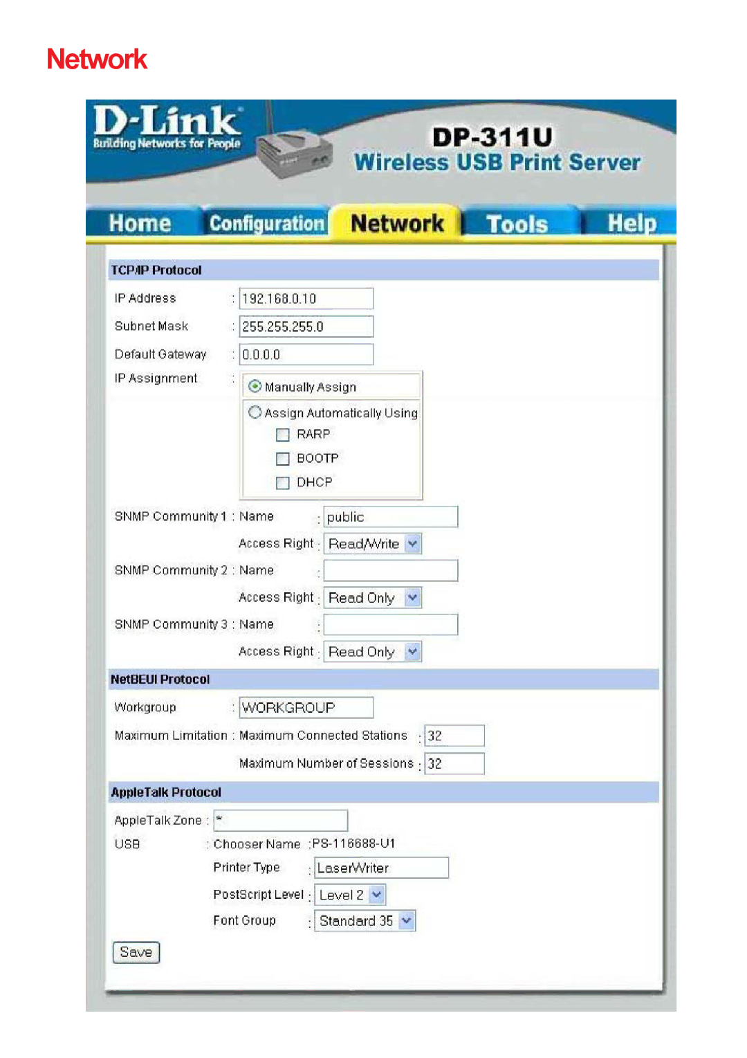 D-Link DP-311u manual Network 