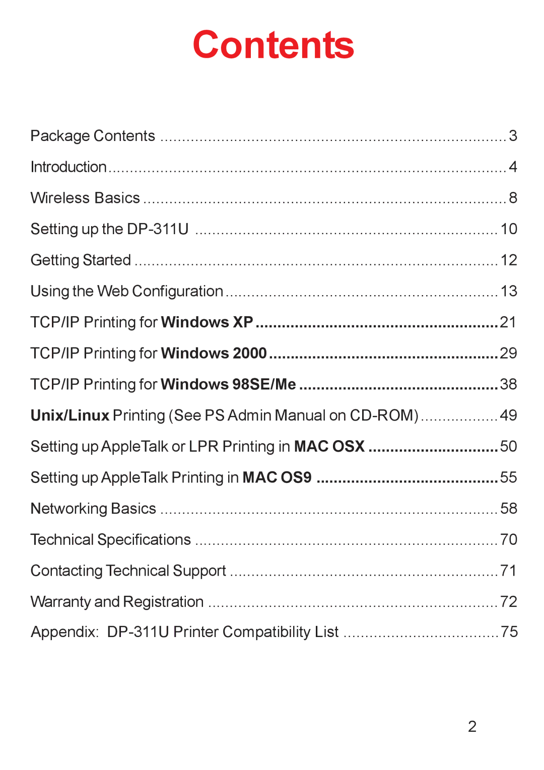 D-Link DP-311u manual Contents 