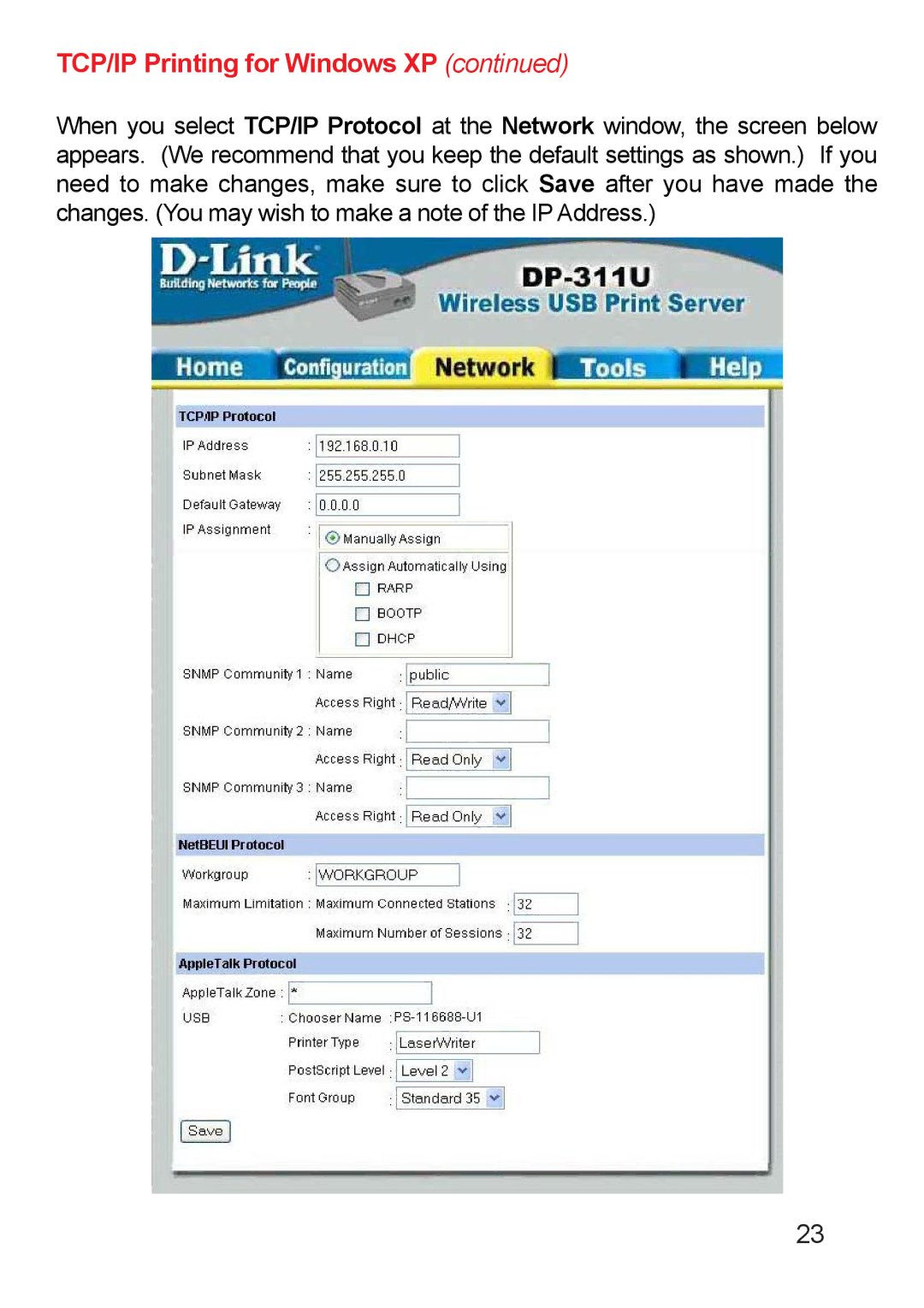 D-Link DP-311u manual TCP/IP Printing for Windows XP 