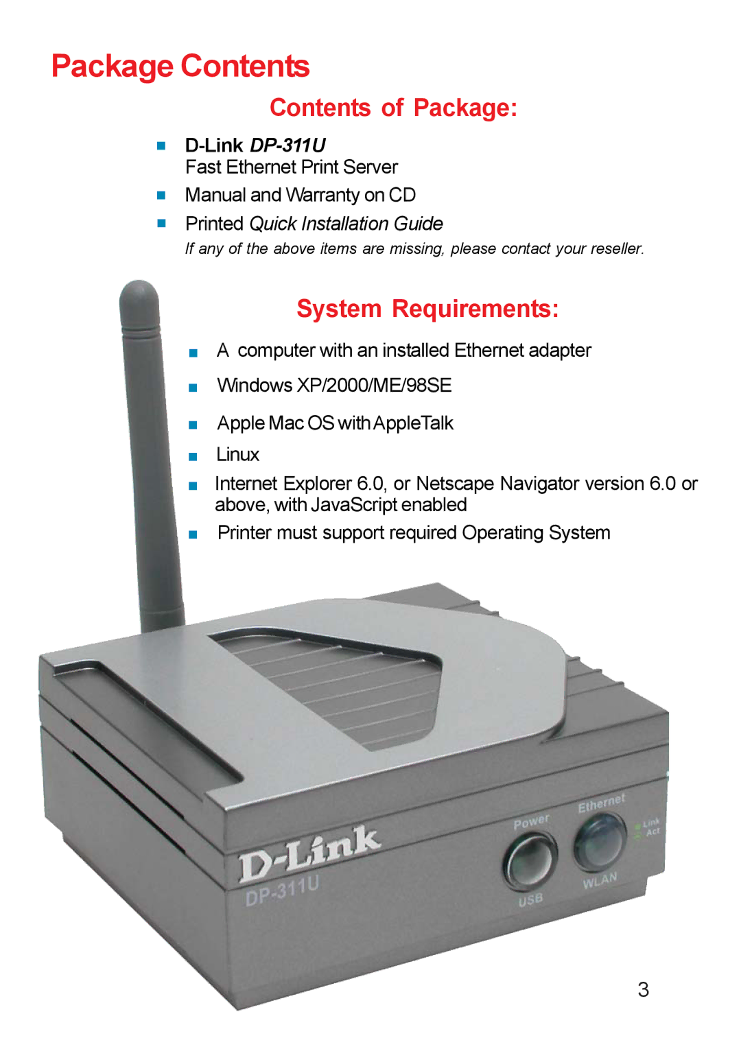 D-Link DP-311u manual Package Contents 