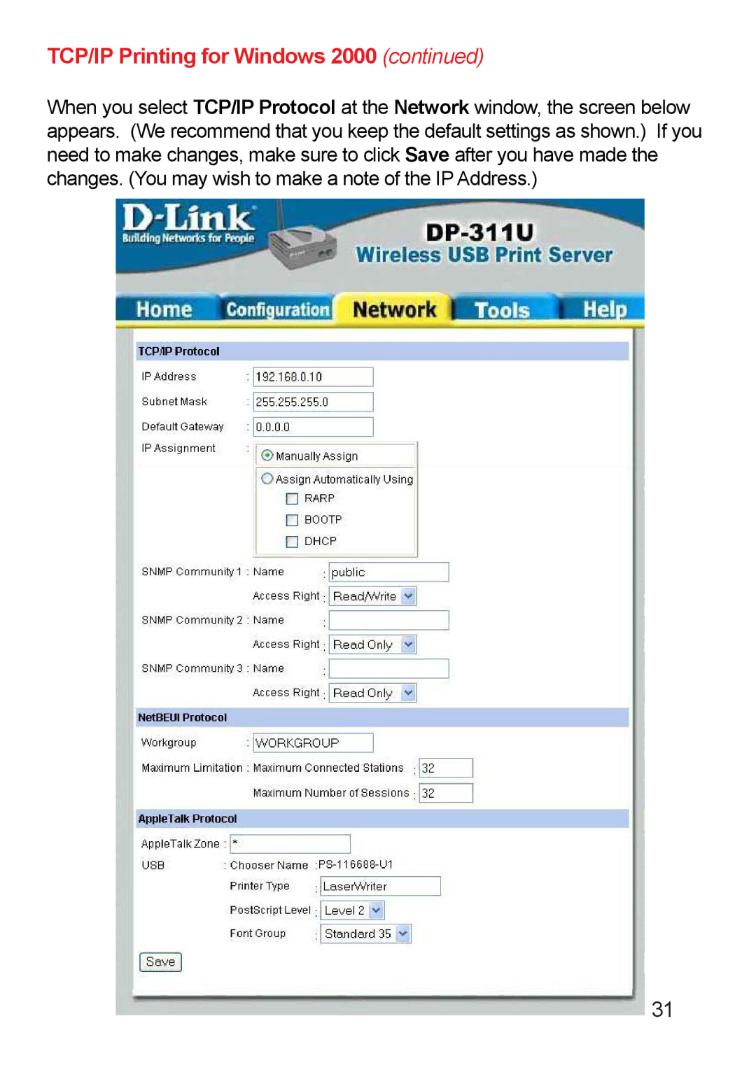 D-Link DP-311u manual TCP/IP Printing for Windows 