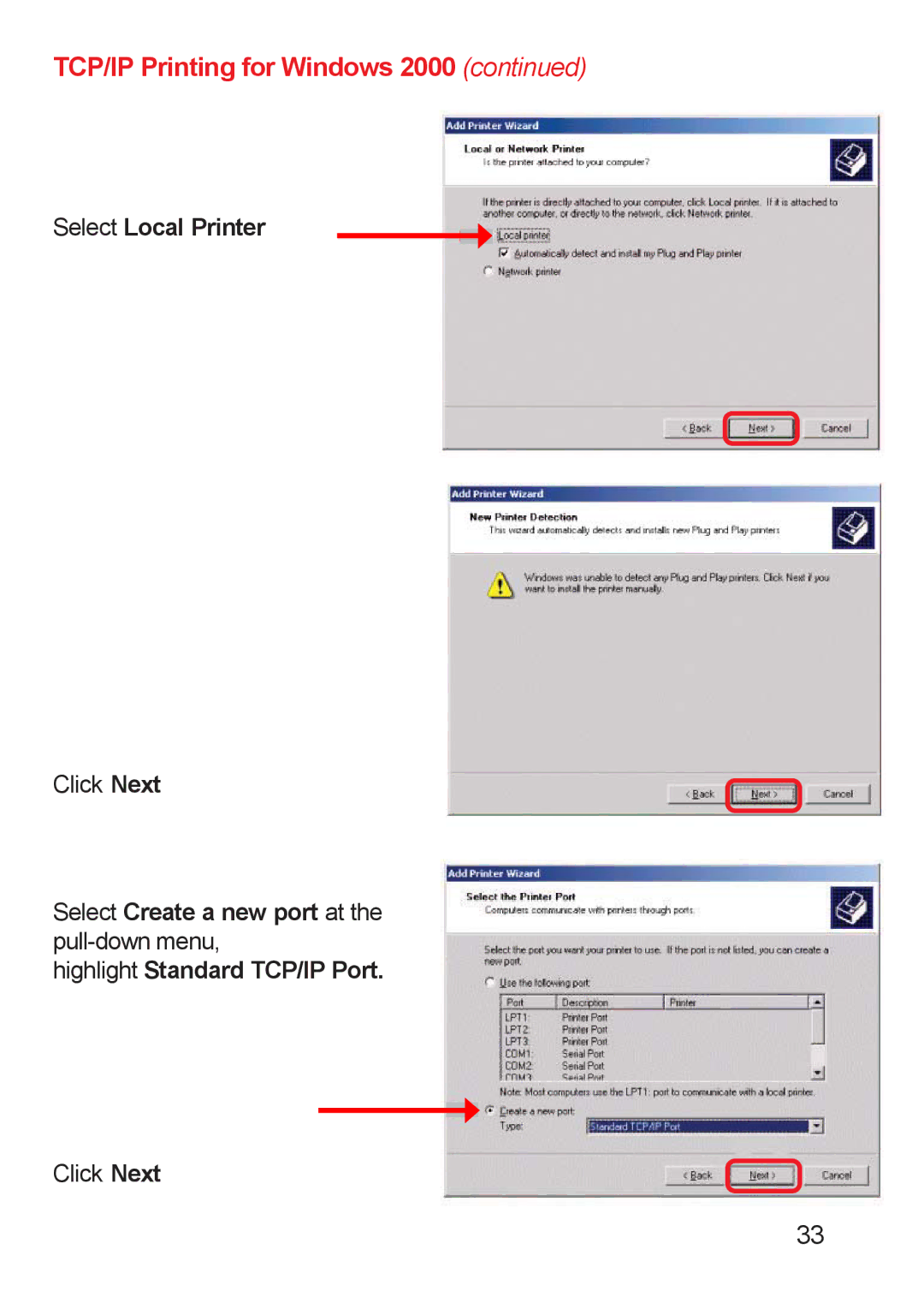 D-Link DP-311u manual Select Local Printer, Highlight Standard TCP/IP Port 