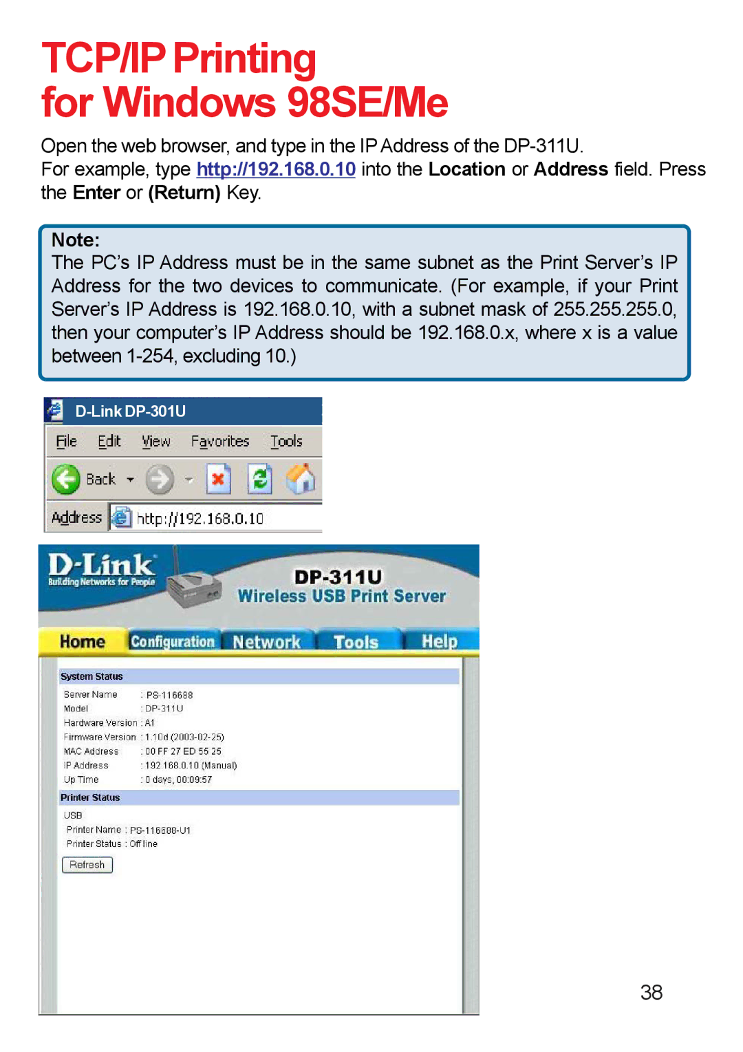 D-Link DP-311u manual TCP/IPPrinting For Windows 98SE/Me 