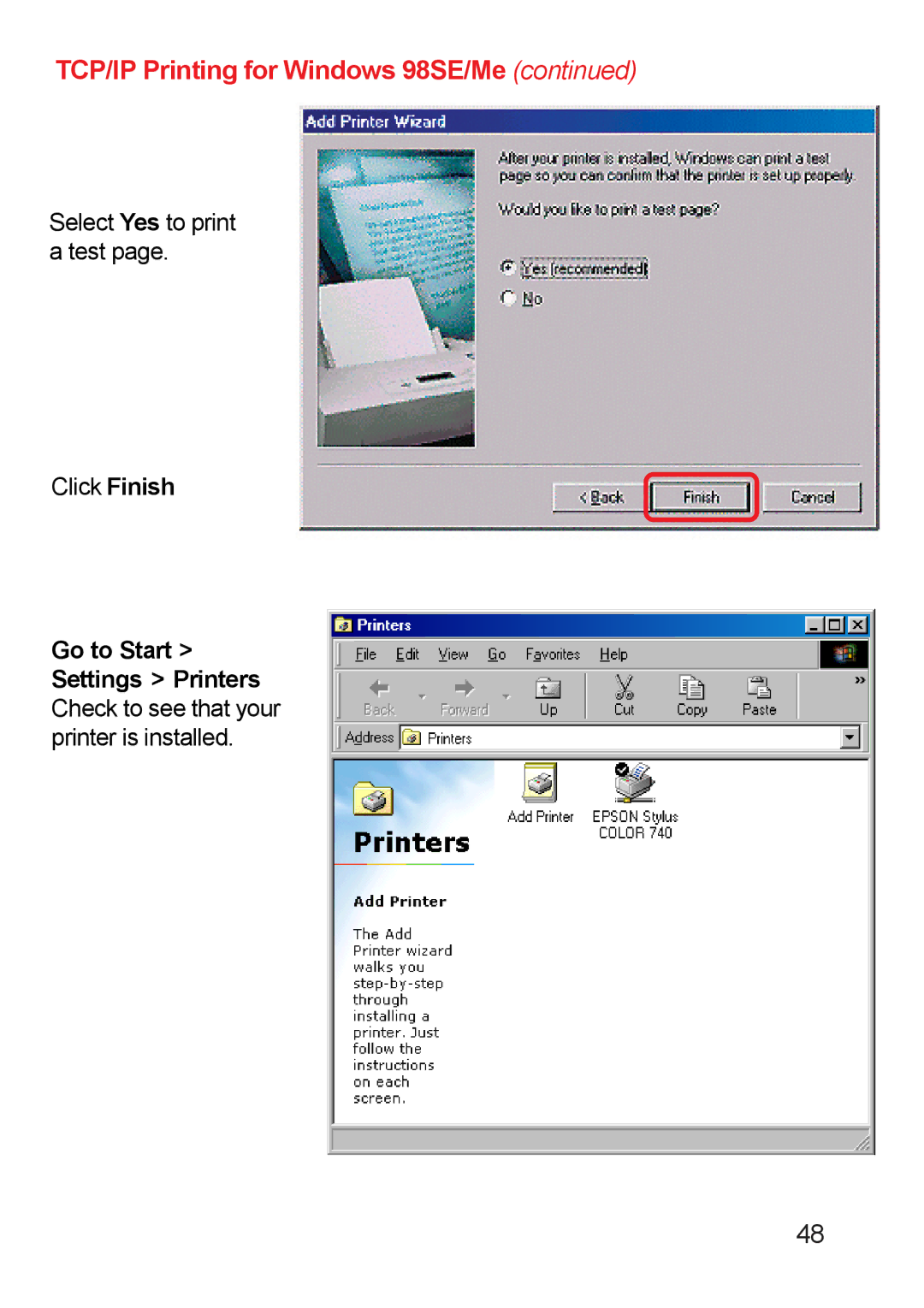 D-Link DP-311u manual Select Yes to print a test Click Finish 