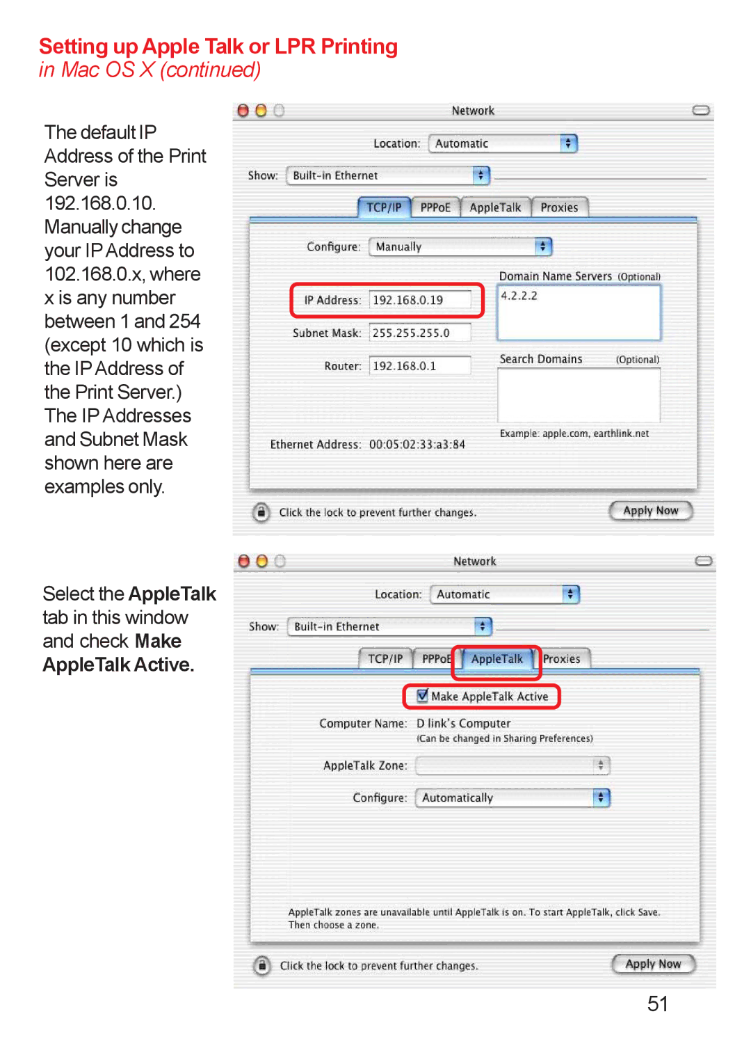 D-Link DP-311u manual Setting up Apple Talk or LPR Printing, AppleTalk Active 