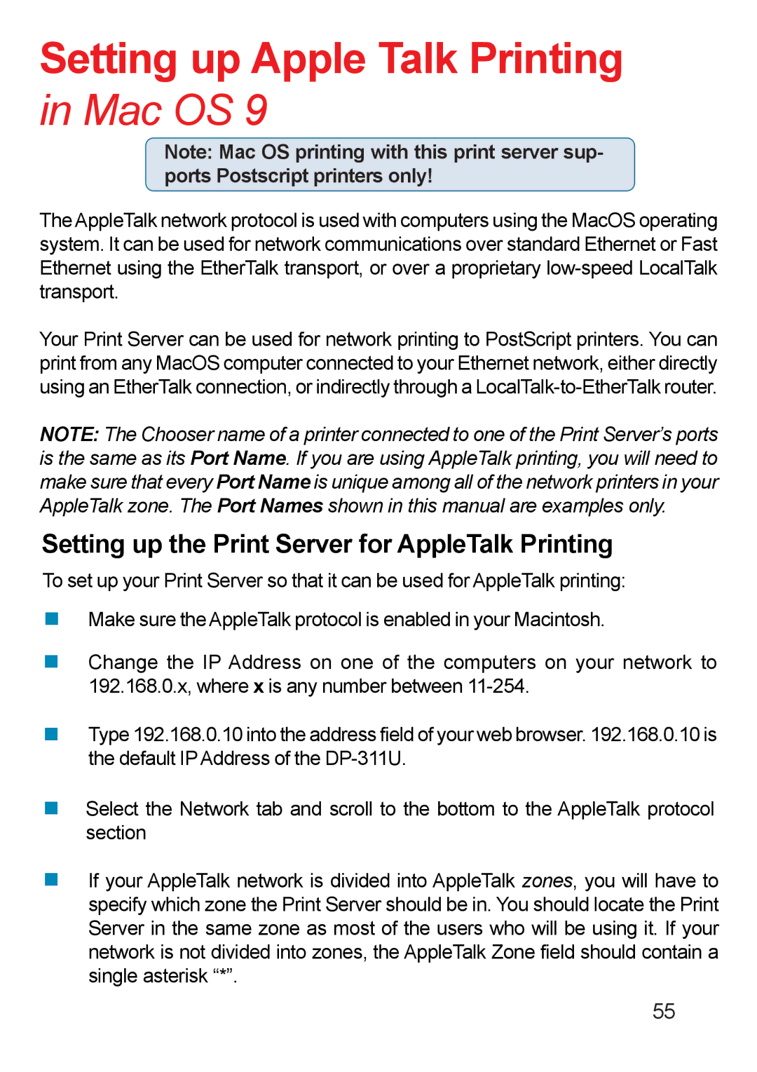 D-Link DP-311u manual Setting up Apple Talk Printing, Mac OS 