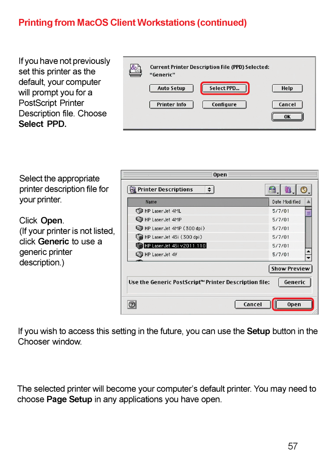 D-Link DP-311u manual Printing from MacOS Client Workstations, Select PPD 