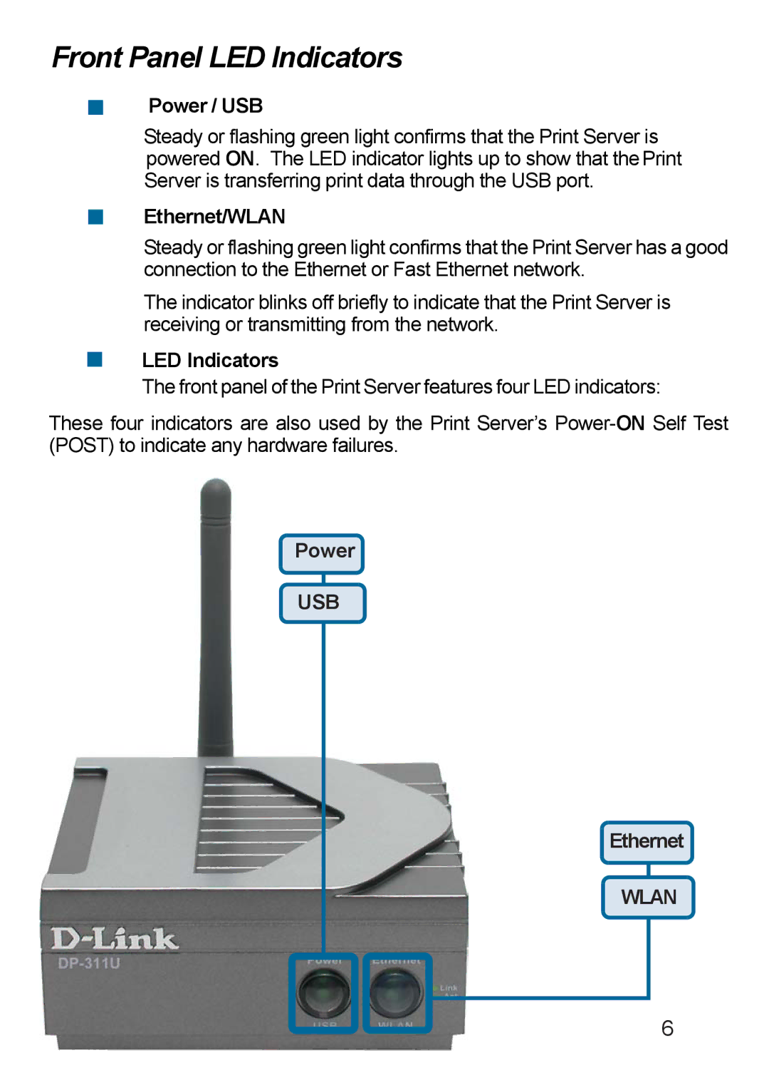 D-Link DP-311u manual Power / USB, Ethernet/WLAN, LED Indicators 