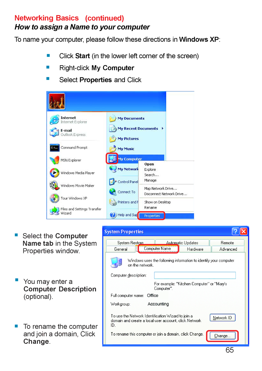 D-Link DP-311u manual How to assign a Name to your computer 