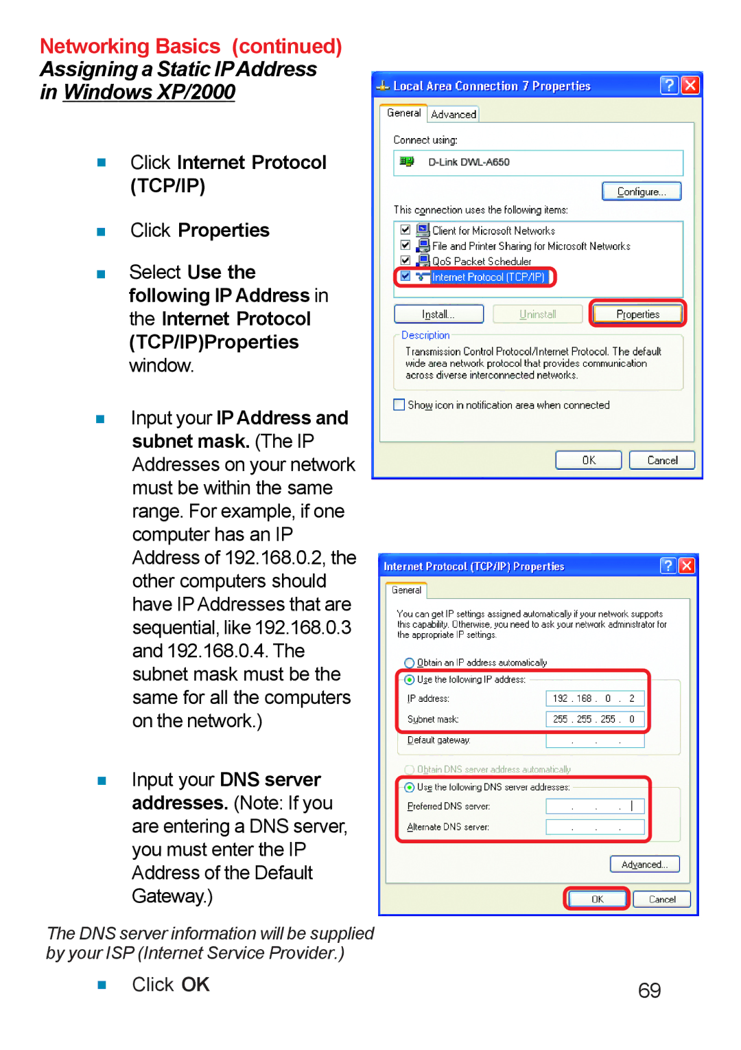 D-Link DP-311u manual Assigning a Static IPAddress Windows XP/2000, „ Click Internet Protocol TCP/IP „ Click Properties 