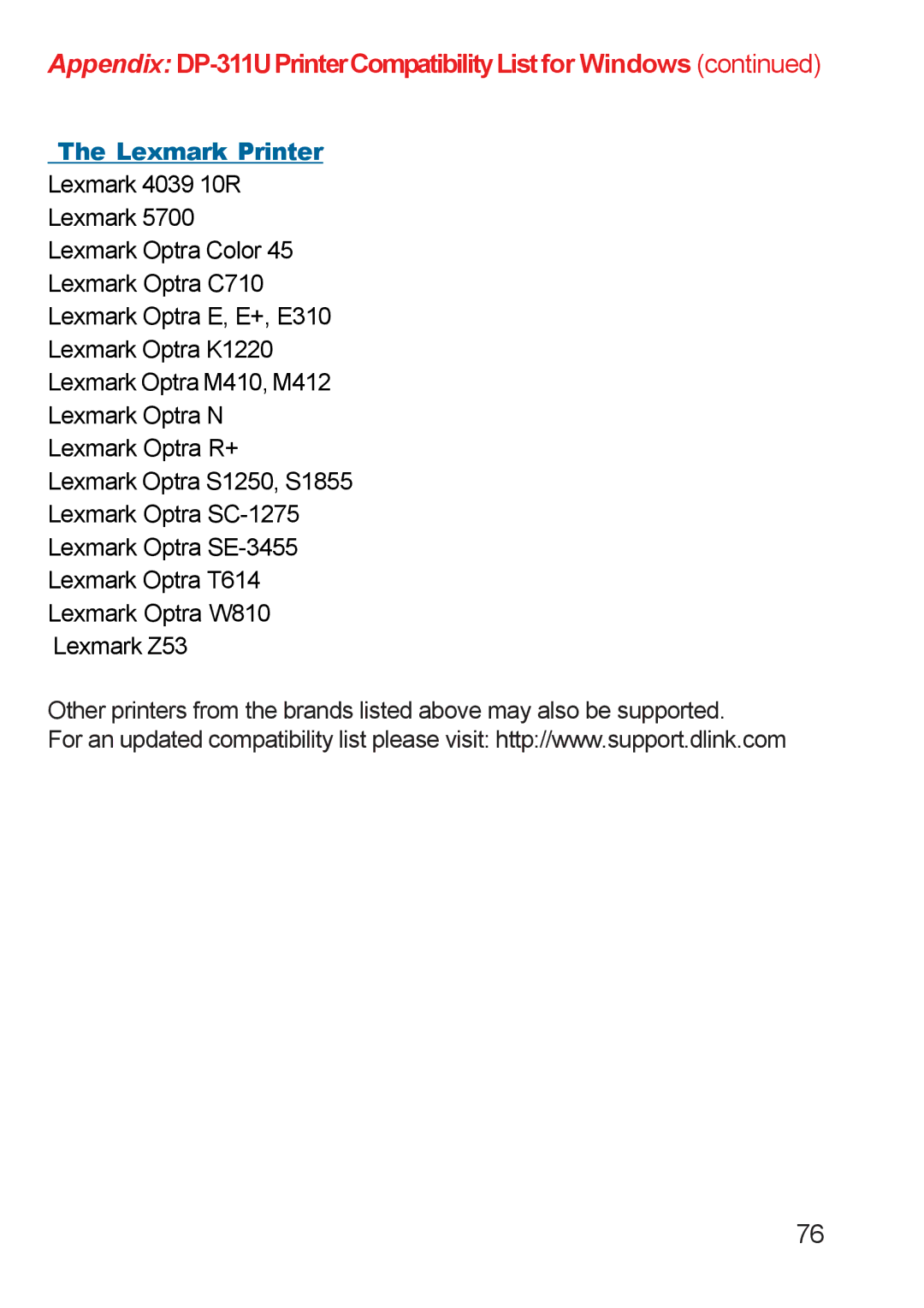 D-Link DP-311u manual Appendix DP-311UPrinterCompatibilityList for Windows 