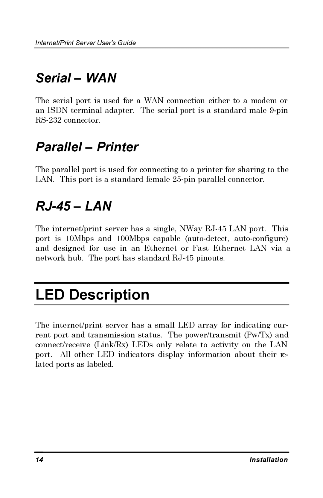 D-Link DP-802 manual LED Description, Serial WAN, Parallel Printer, RJ-45 LAN 