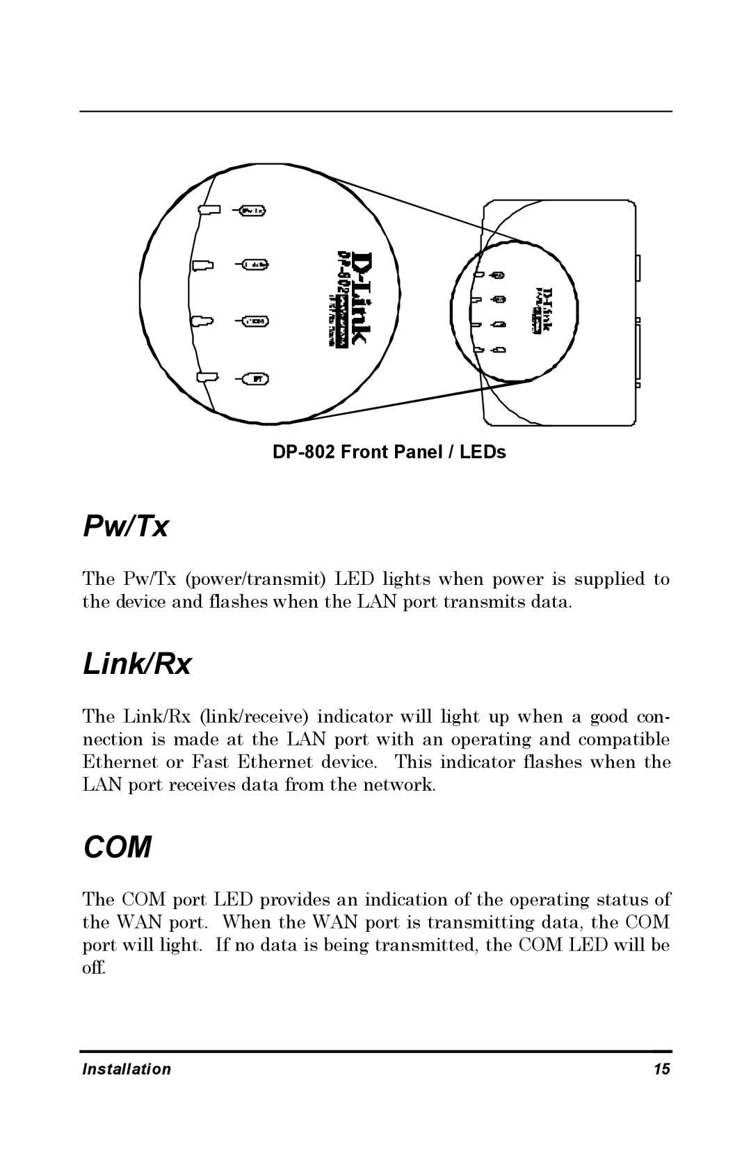 D-Link DP-802 manual Pw/Tx, Link/Rx 