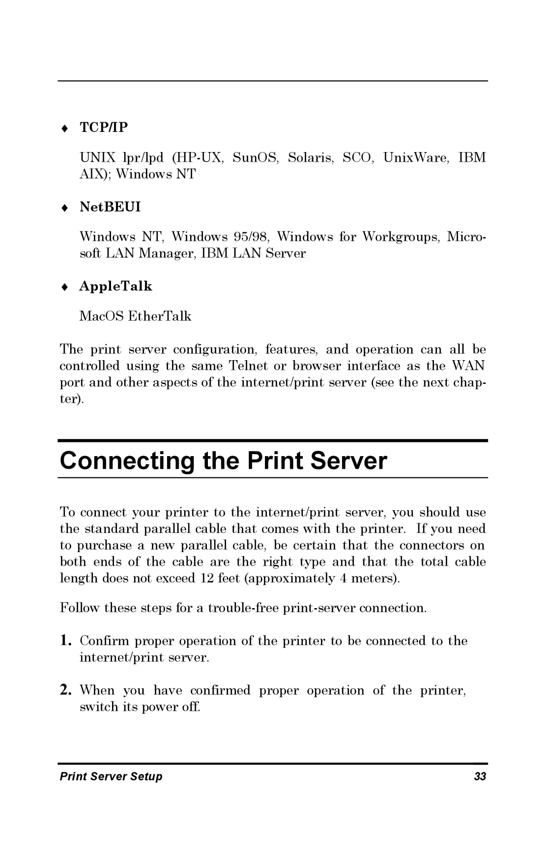 D-Link DP-802 manual Connecting the Print Server, NetBEUI, AppleTalk MacOS EtherTalk 