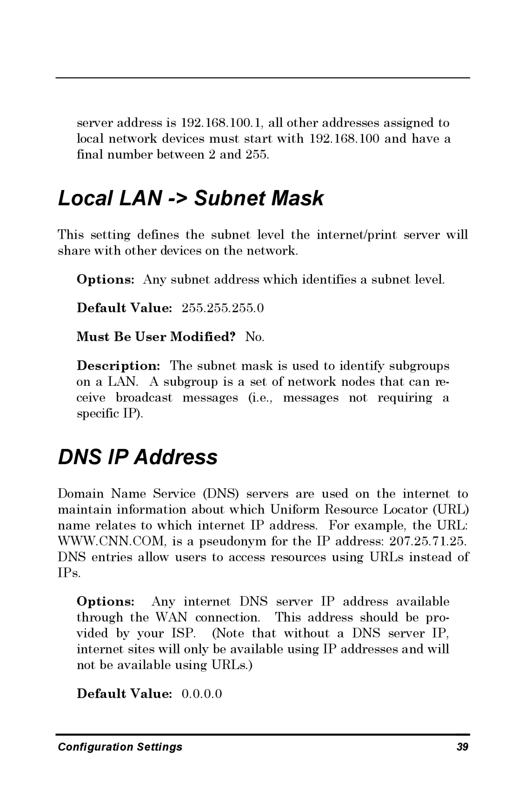 D-Link DP-802 manual Local LAN Subnet Mask, Default Value 