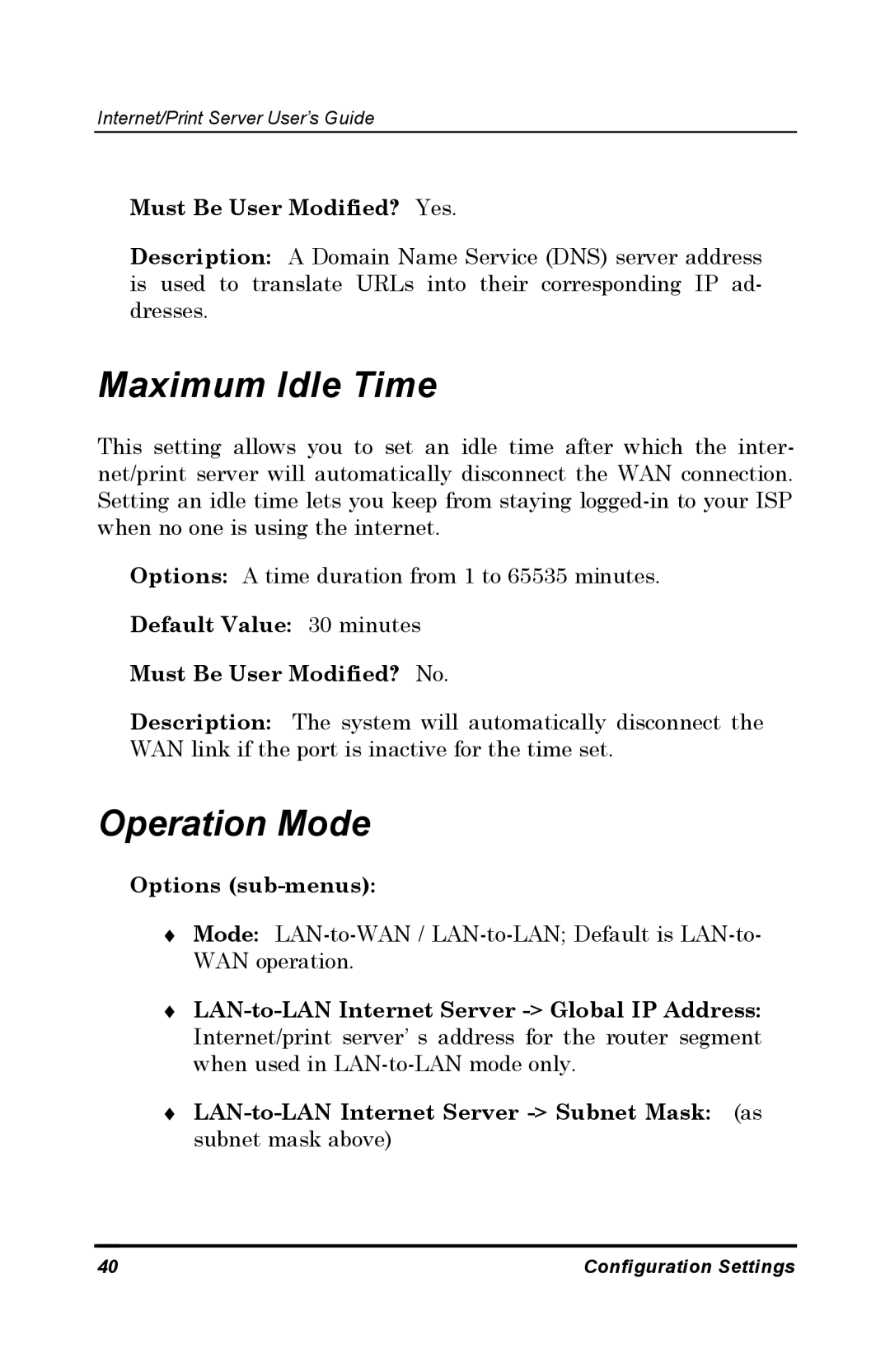 D-Link DP-802 Maximum Idle Time, Operation Mode, Default Value 30 minutes Must Be User Modified? No, Options sub-menus 