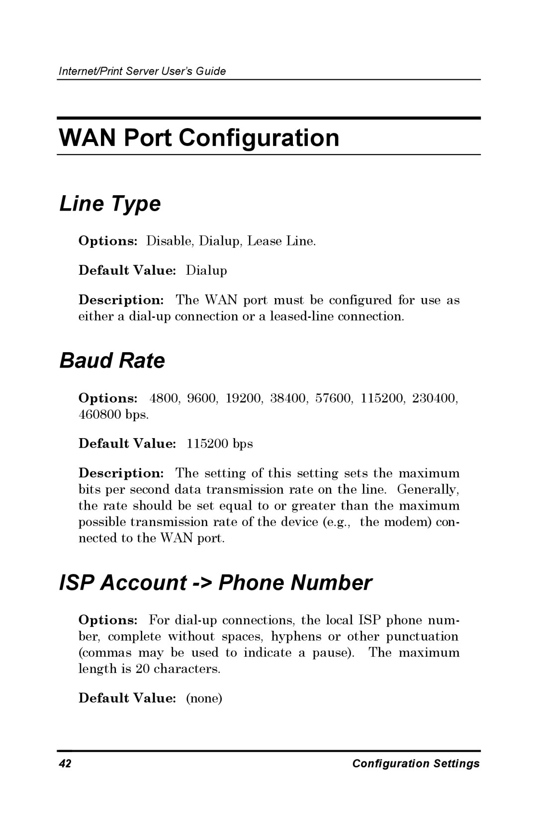 D-Link DP-802 manual WAN Port Configuration, Line Type, Baud Rate, Default Value Dialup, Default Value 115200 bps 