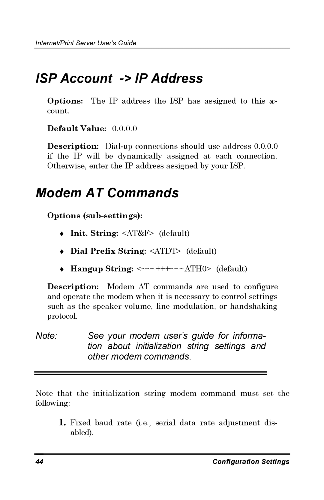 D-Link DP-802 manual ISP Account IP Address, Modem AT Commands, Options sub-settings, Dial Prefix String Atdt default 