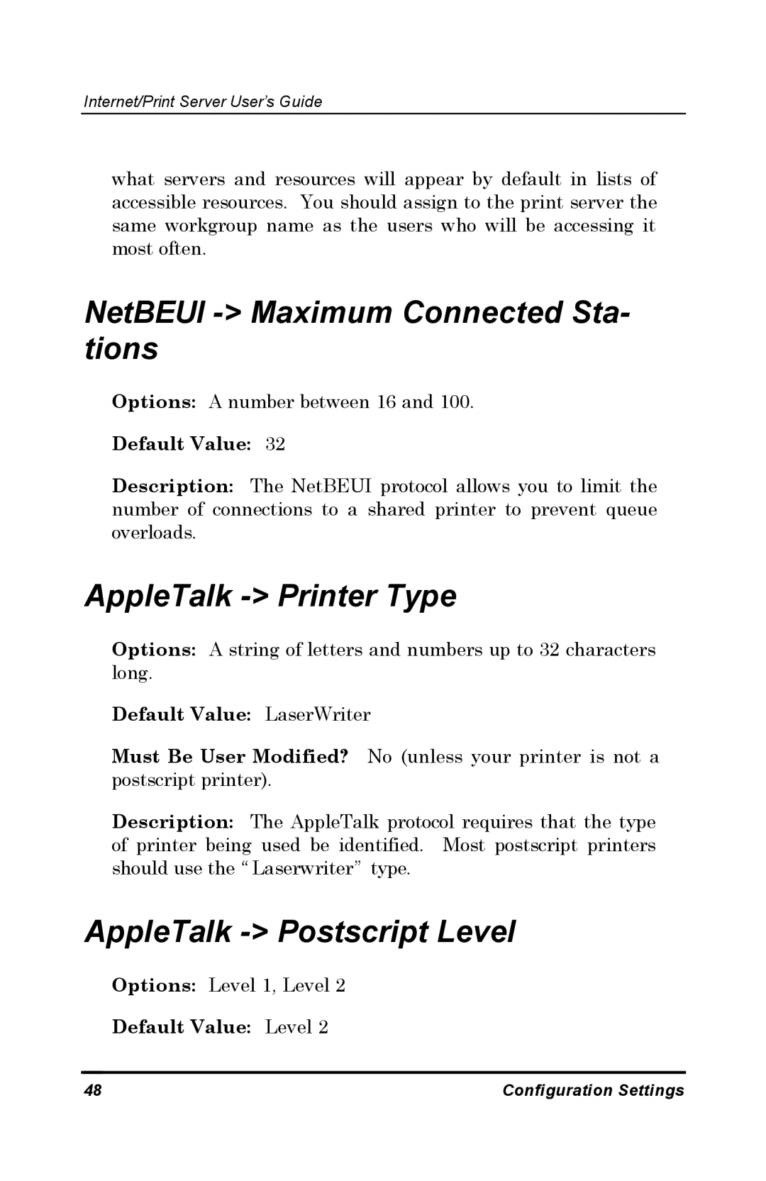 D-Link DP-802 manual NetBEUI Maximum Connected Sta- tions, AppleTalk Printer Type, AppleTalk Postscript Level 