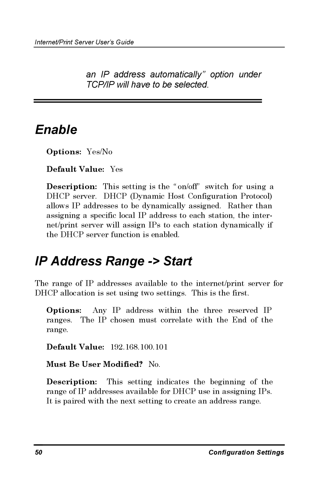 D-Link DP-802 manual Enable, IP Address Range Start, Options Yes/No Default Value Yes 